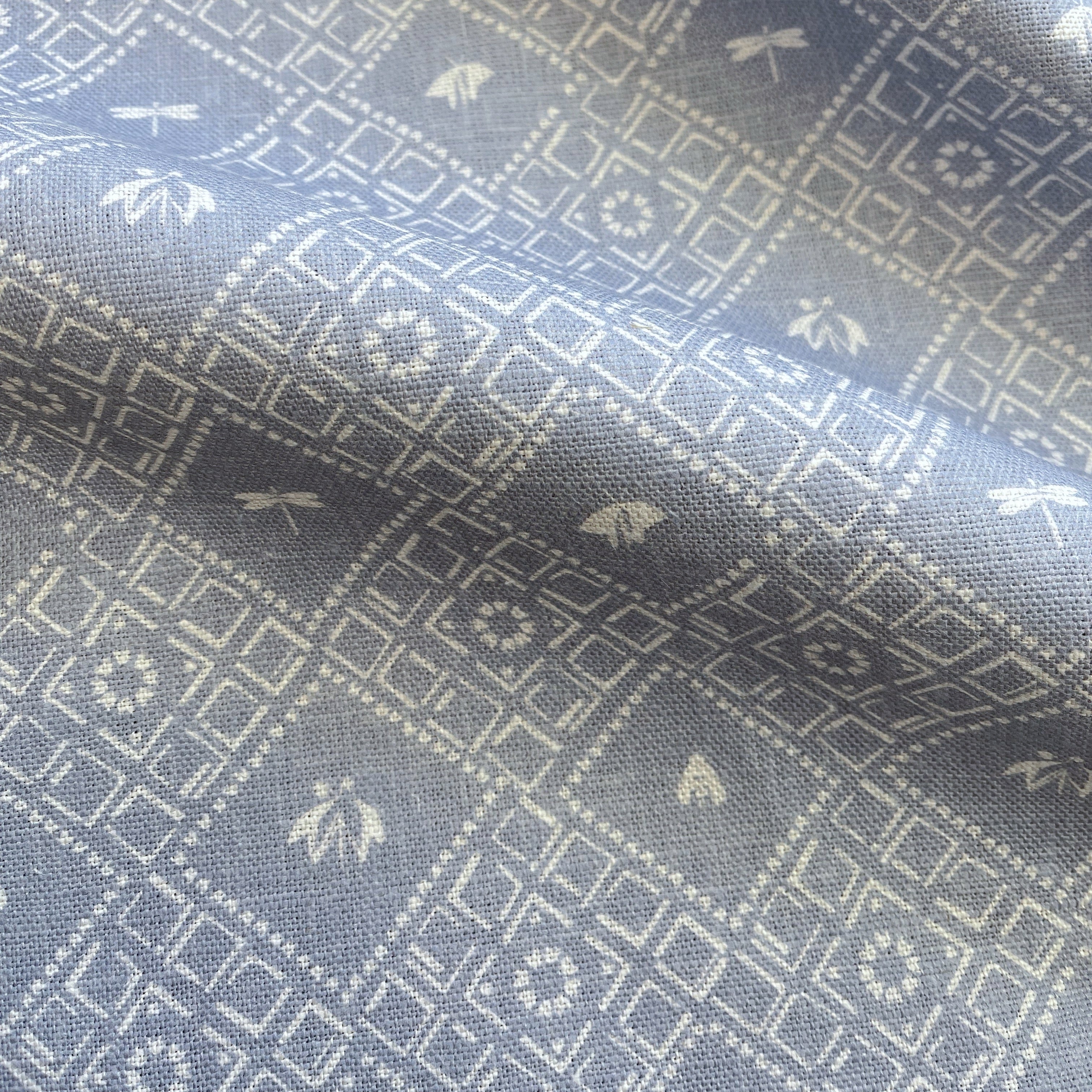 Americana fabric in Cornflower by Emily Daws — close-up detail of Belgian linen, Fauna Collection