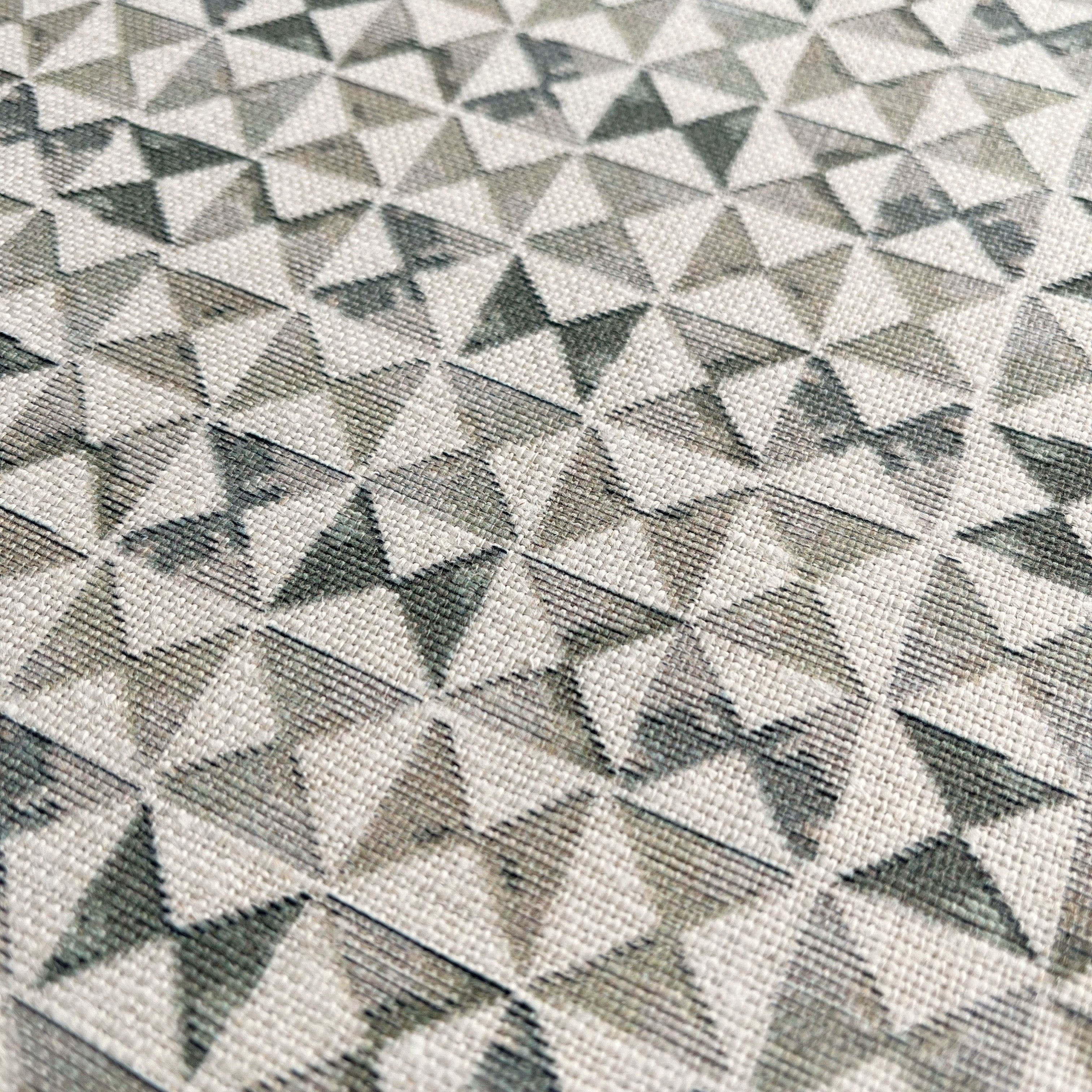 Kaleidoscope fabric in Ivy by Emily Daws — close-up detail of Belgian linen, Fauna Collection