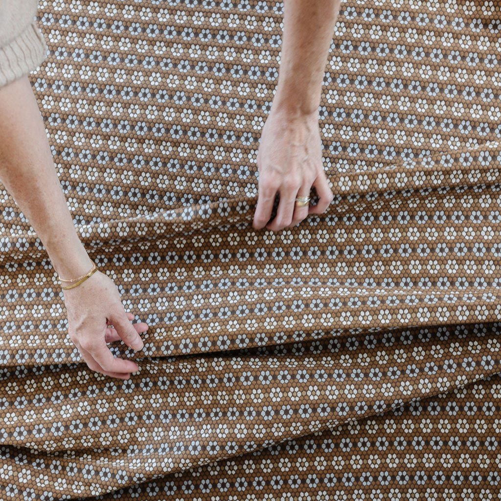 Nectar fabric in Walnut by Emily Daws styled in an interior — Fauna Collection