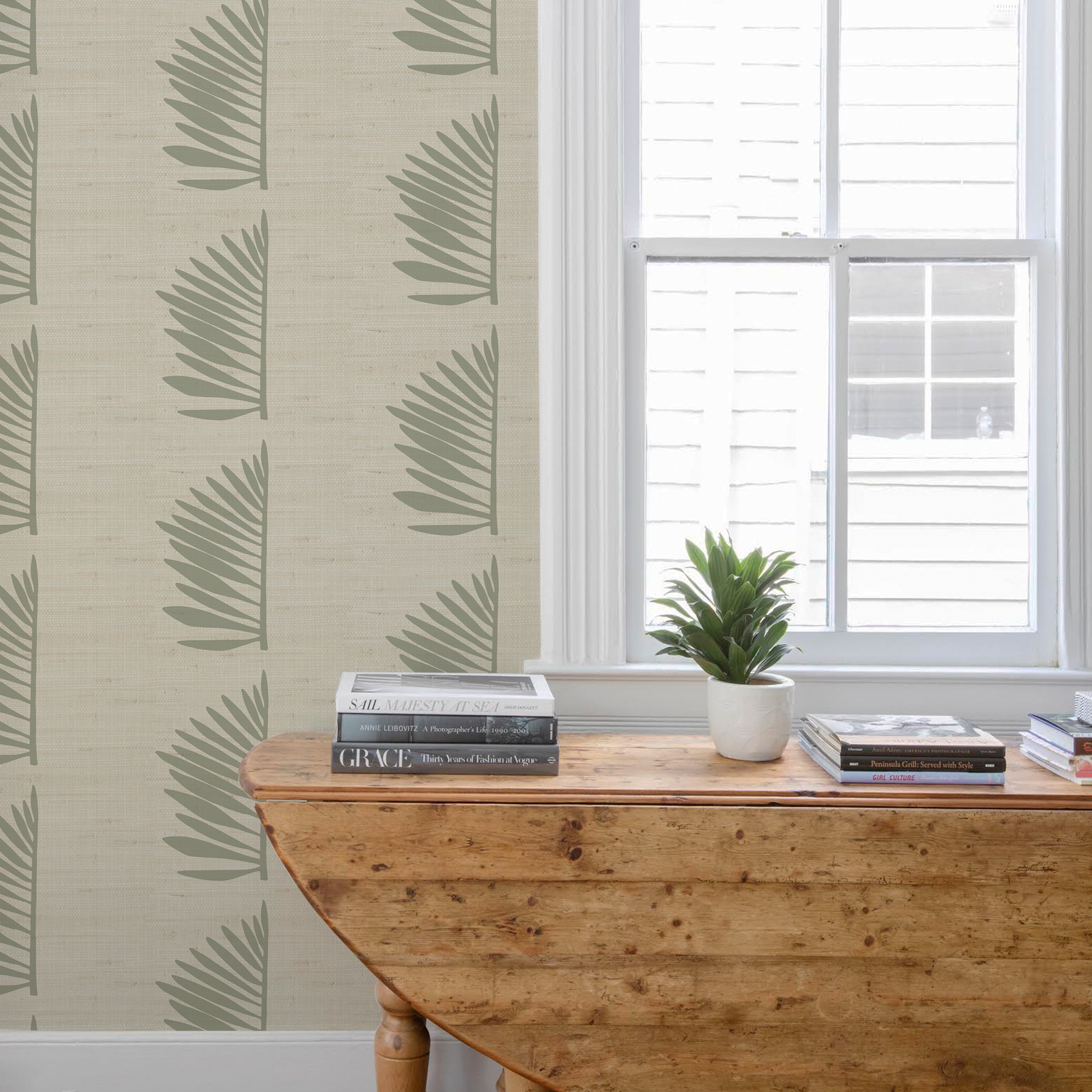 Palmetto Grasscloth wallpaper in Sage styled by Emily Daws – luxury coastal look for waterfront dining room