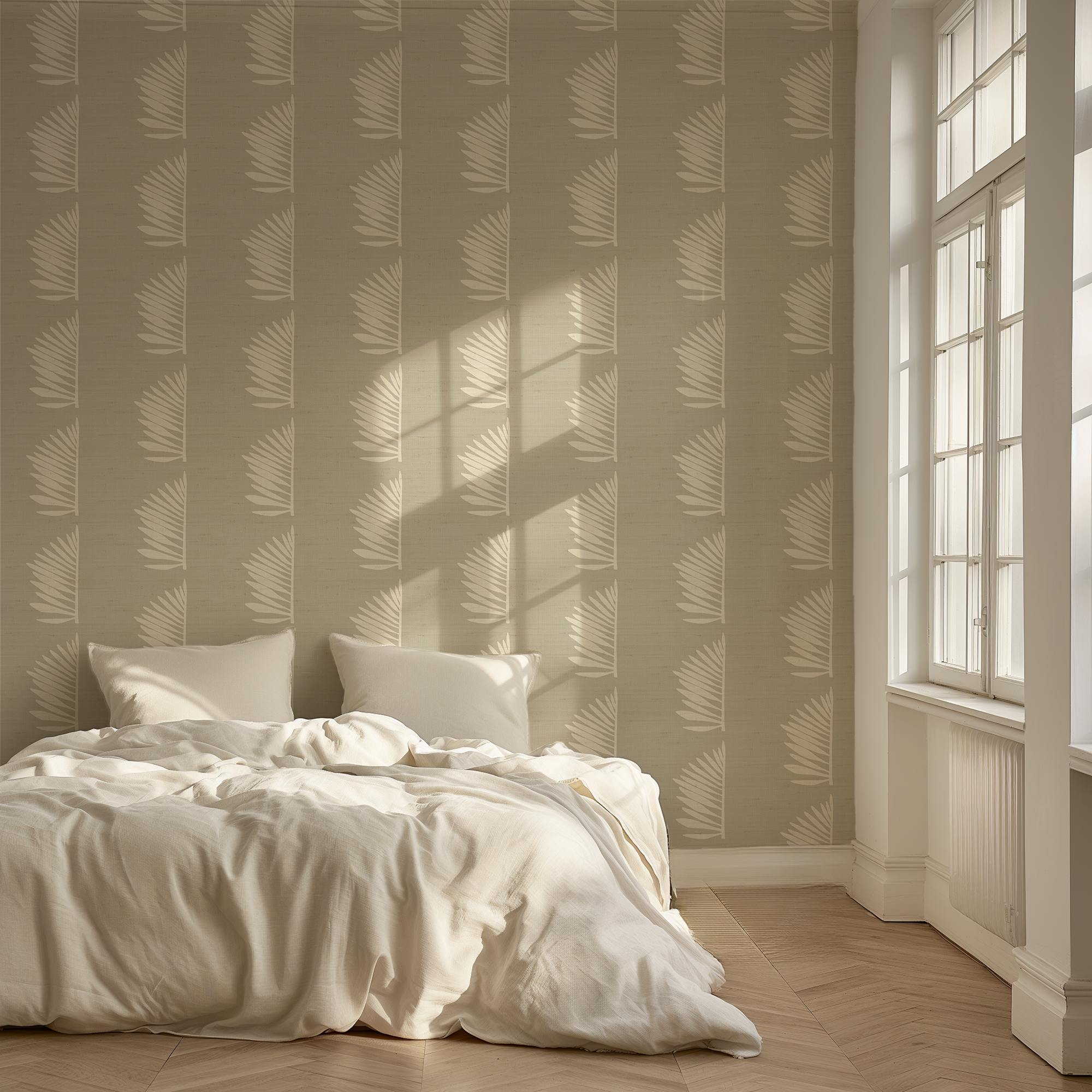 Palmetto Grasscloth wallpaper in Dune styled by Emily Daws – luxury coastal look for waterfront dining room