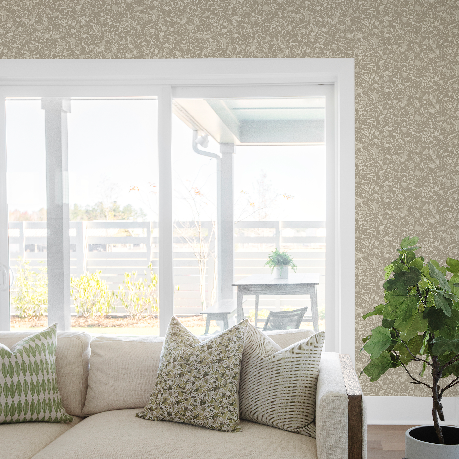 River Reef wallpaper in Natural styled by Emily Daws – luxury coastal look for waterfront dining room