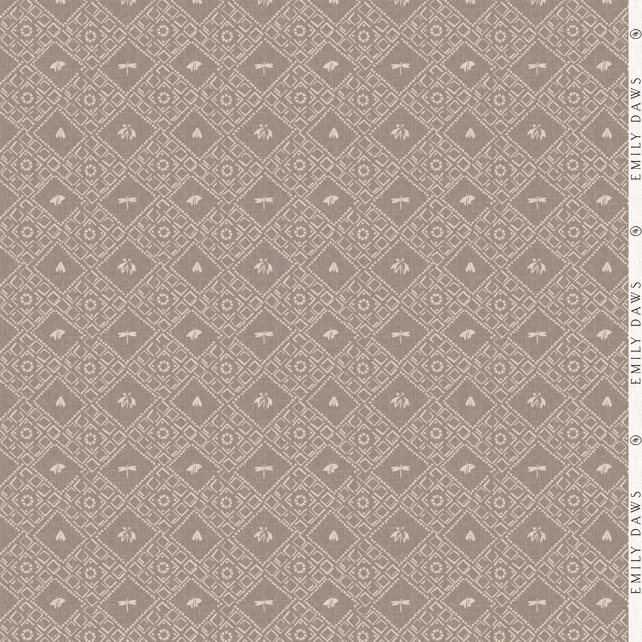 americana camomile fabric by emily daws close-up showcasing organic dotted motif on natural linen by the yard