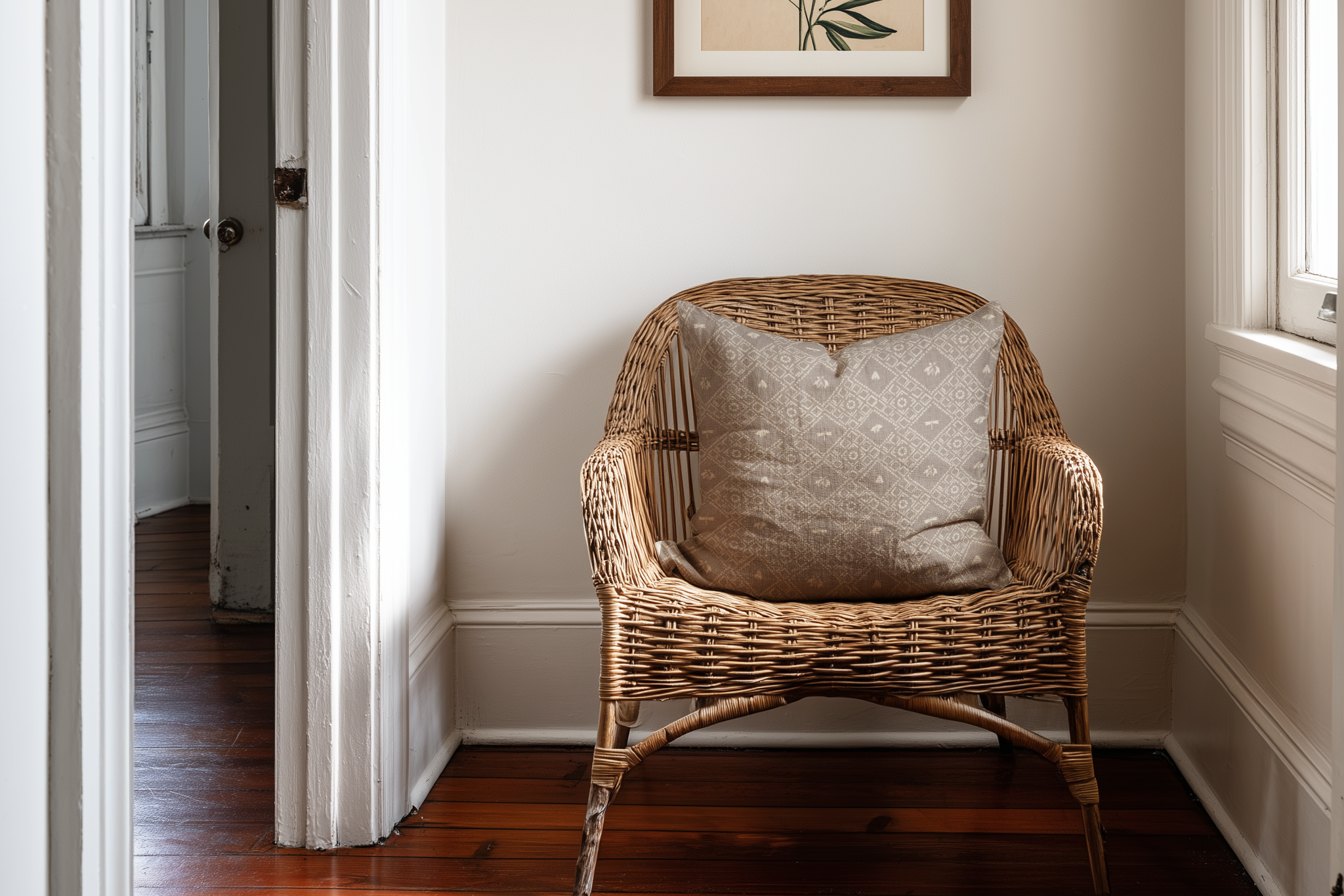 Americana linen throw pillow in Camomille by Emily Daws styled on a rattan chair in a Charleston home.