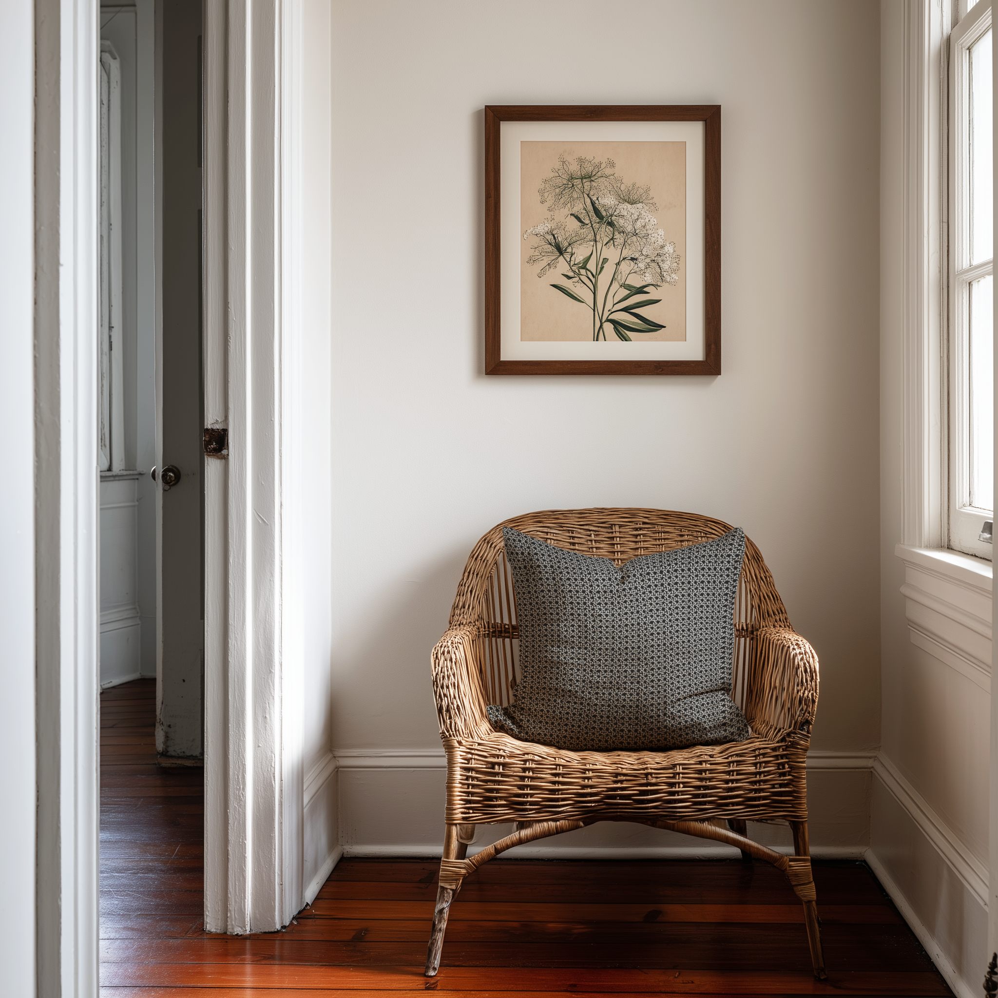Carolina Rice linen throw pillow in Onyx by Emily Daws styled on a rattan chair in a Charleston home.