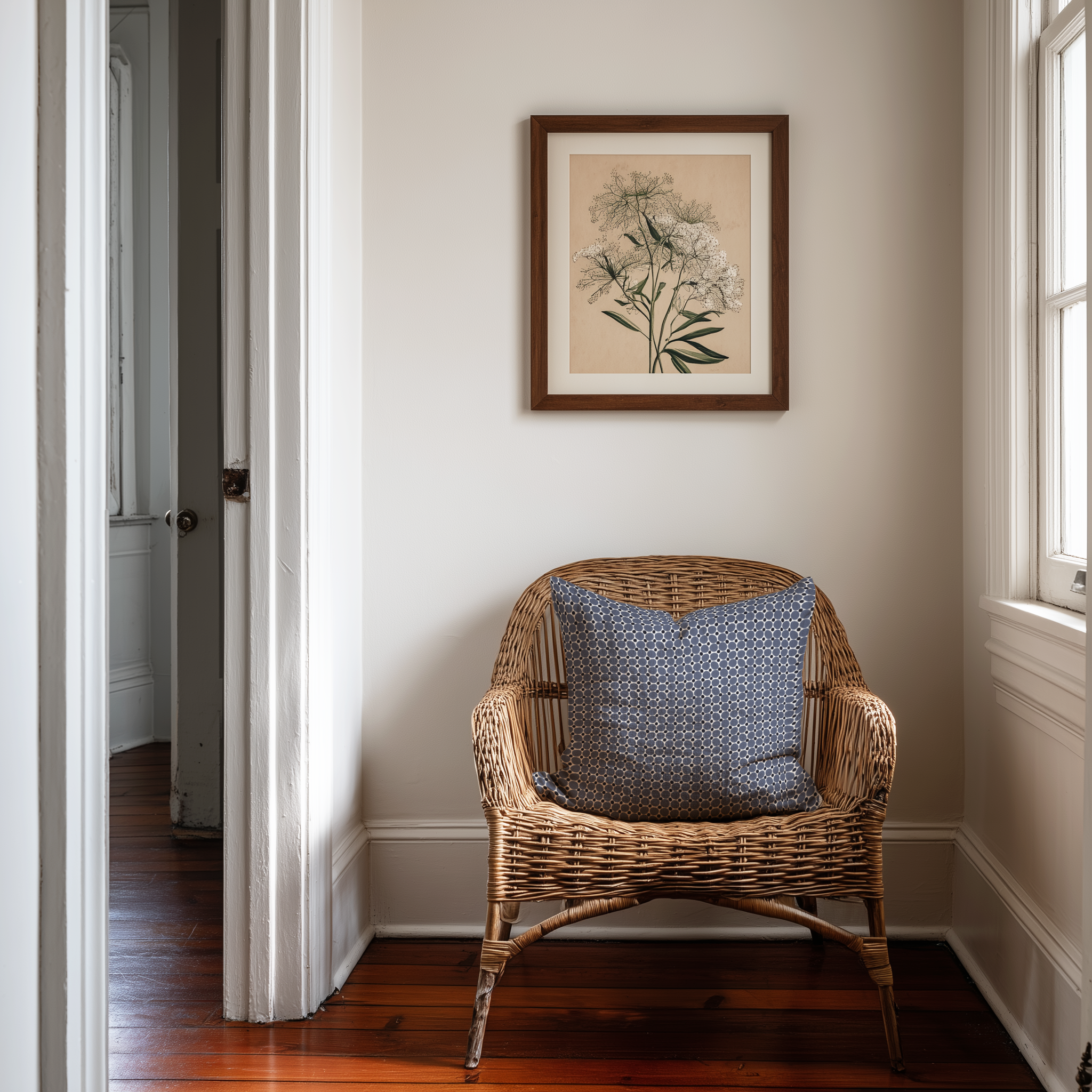 Cobblestome linen throw pillow in Ink by Emily Daws styled on a rattan chair in a Charleston home.