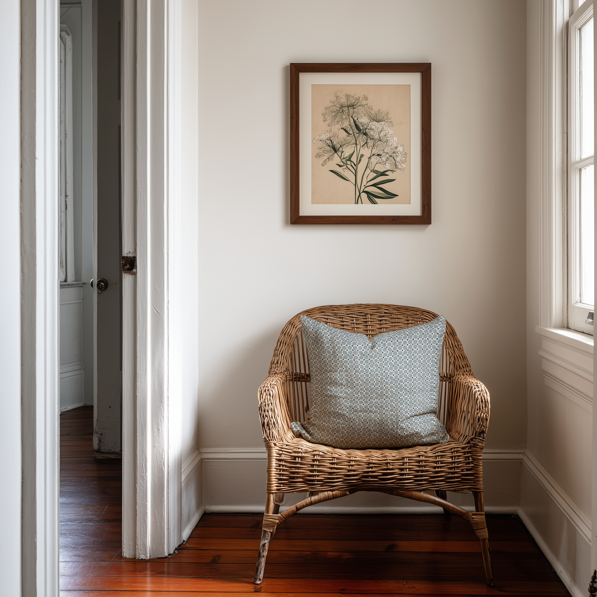 Cobblestone linen throw pillow in Lagoon by Emily Daws styled on a rattan chair in a Charleston home.