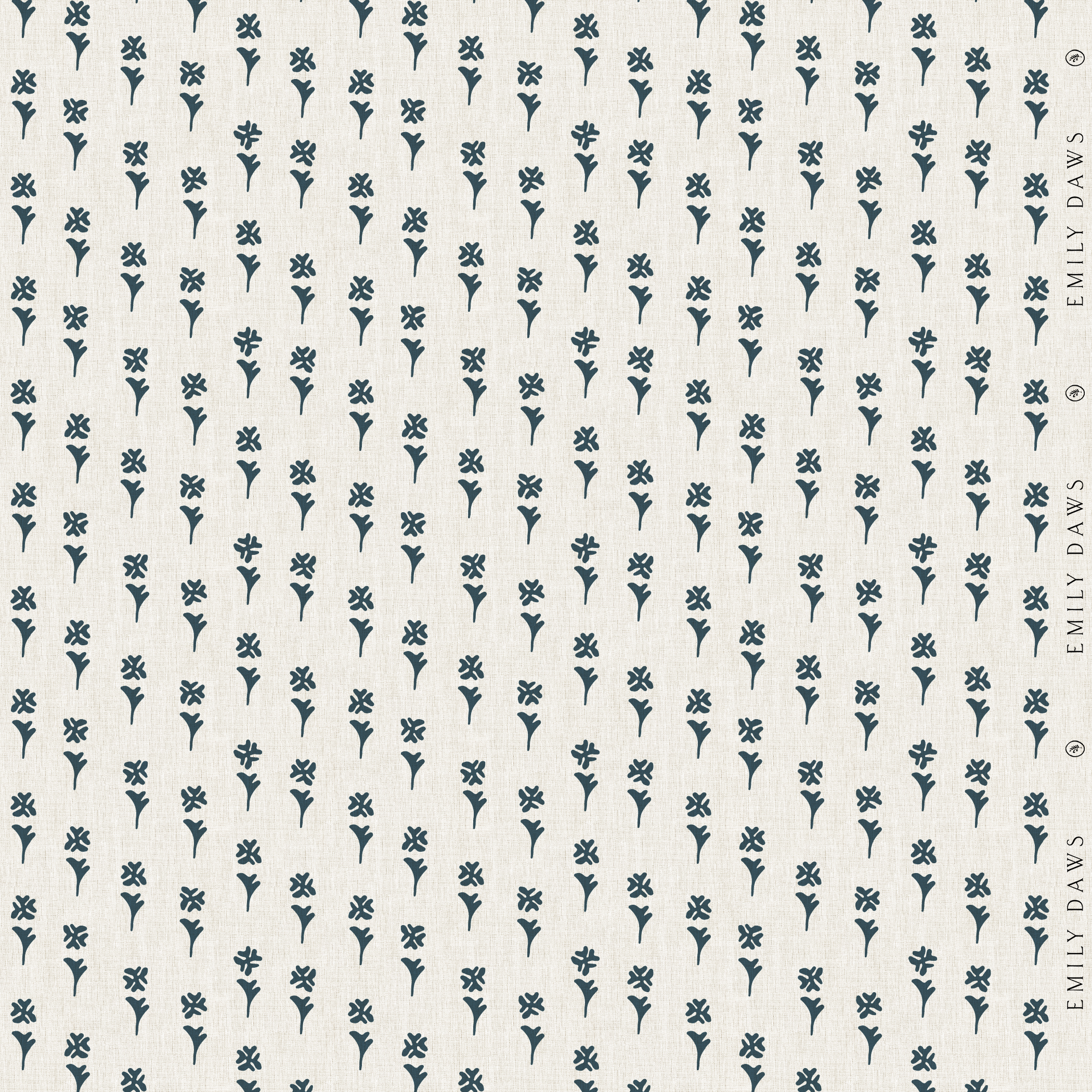 daffodil delft blue fabric by emily daws featuring classic blue botanical pattern on natural linen by the yard
