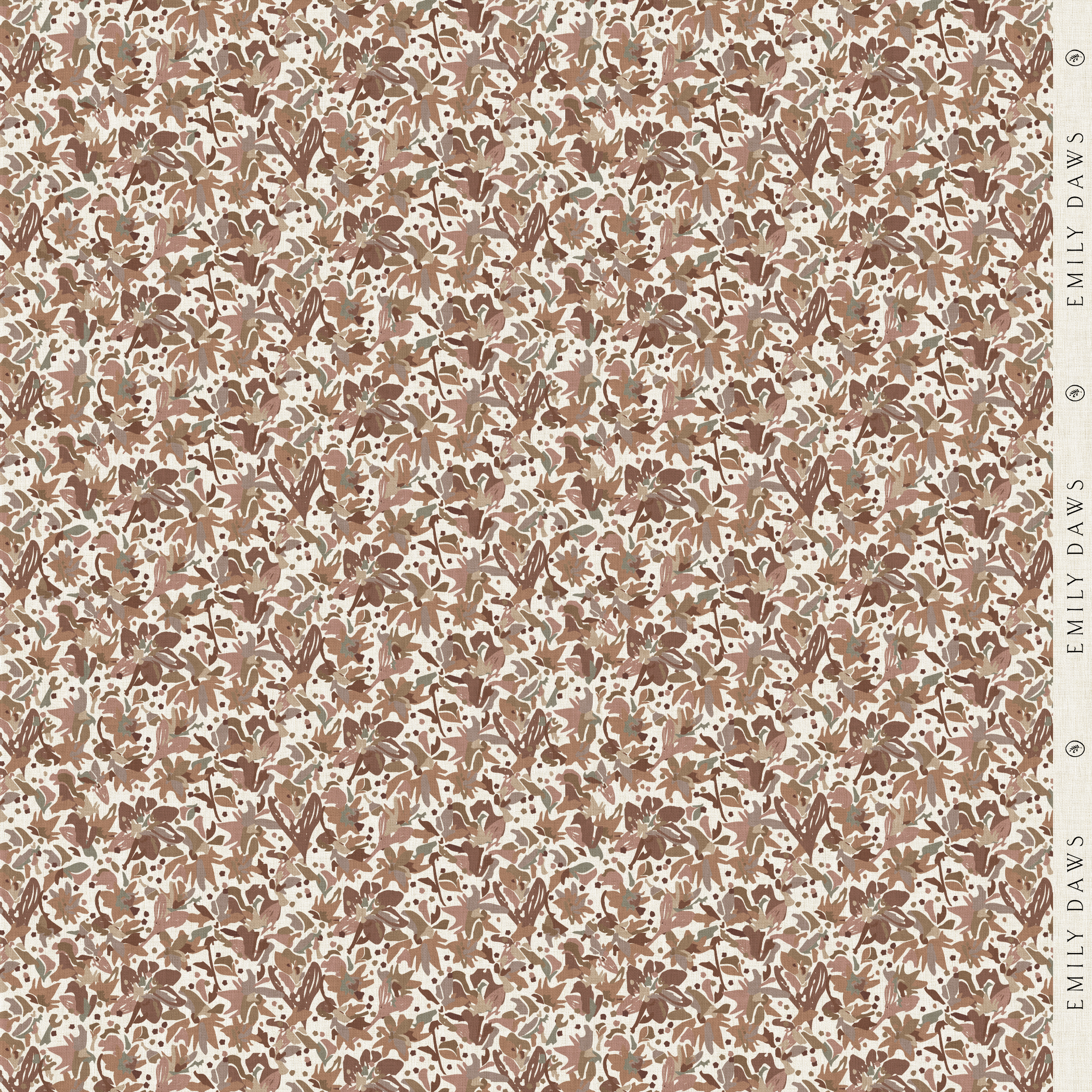 eden autumn fabric by emily daws featuring warm rust botanical pattern on natural linen for home textiles