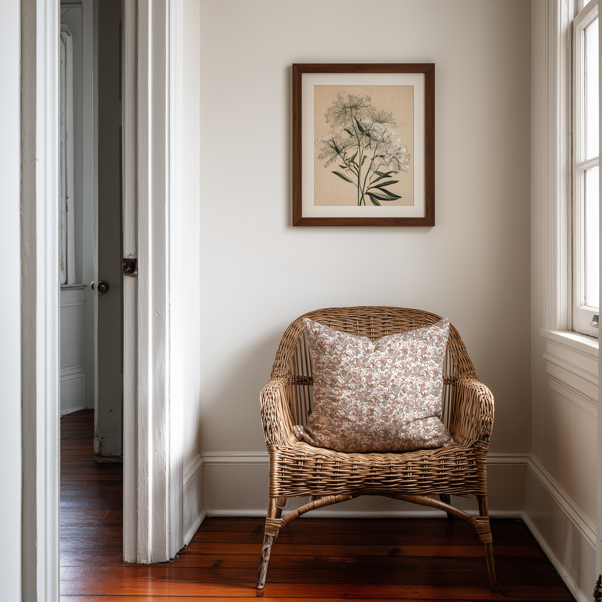 Eden linen throw pillow in Azalea by Emily Daws styled on a rattan chair in a Charleston home.