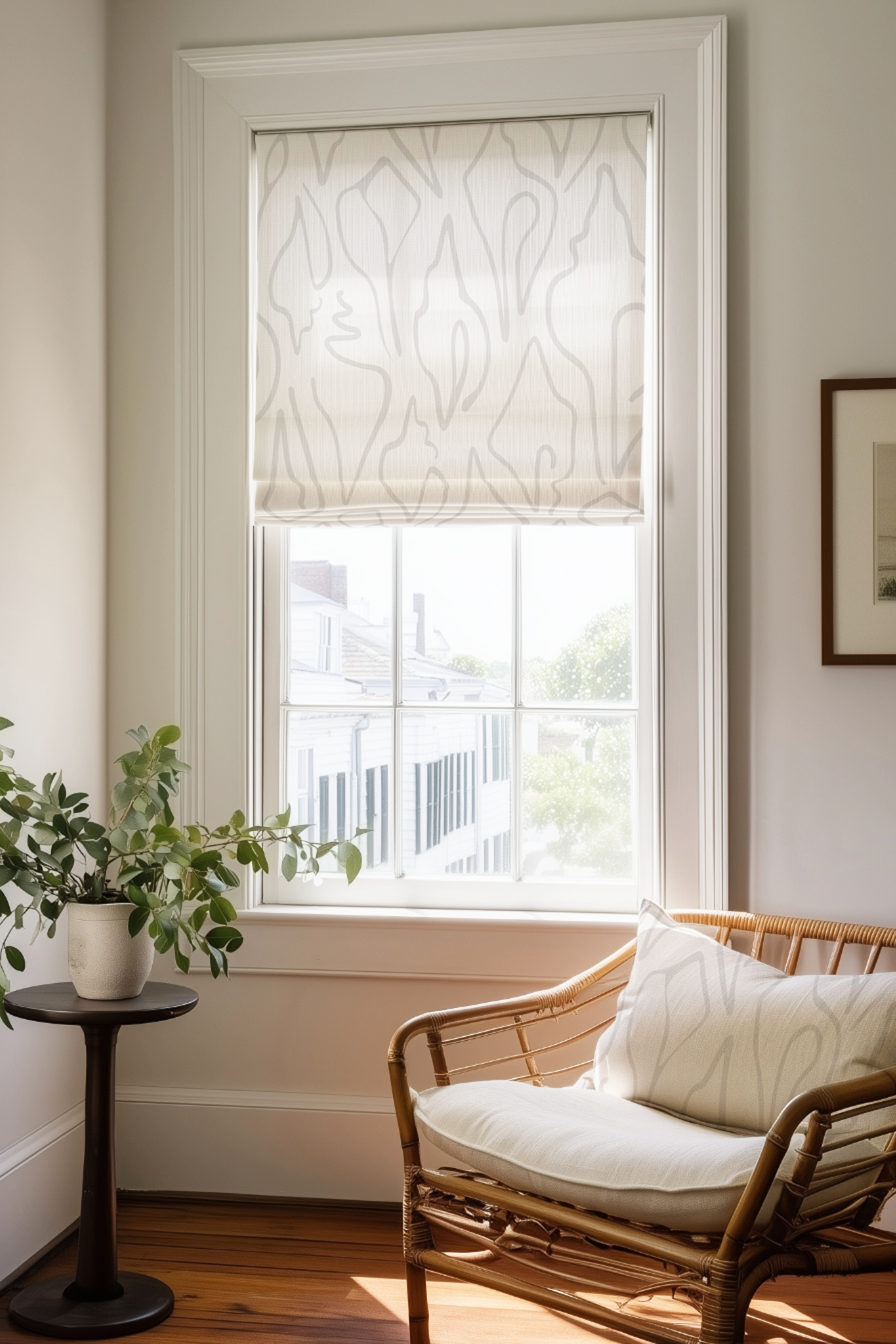 Corner of a bedroom in a Charleston home with a Roman shade and pillow in Edisto fabric in Fog by Emily Daws.
