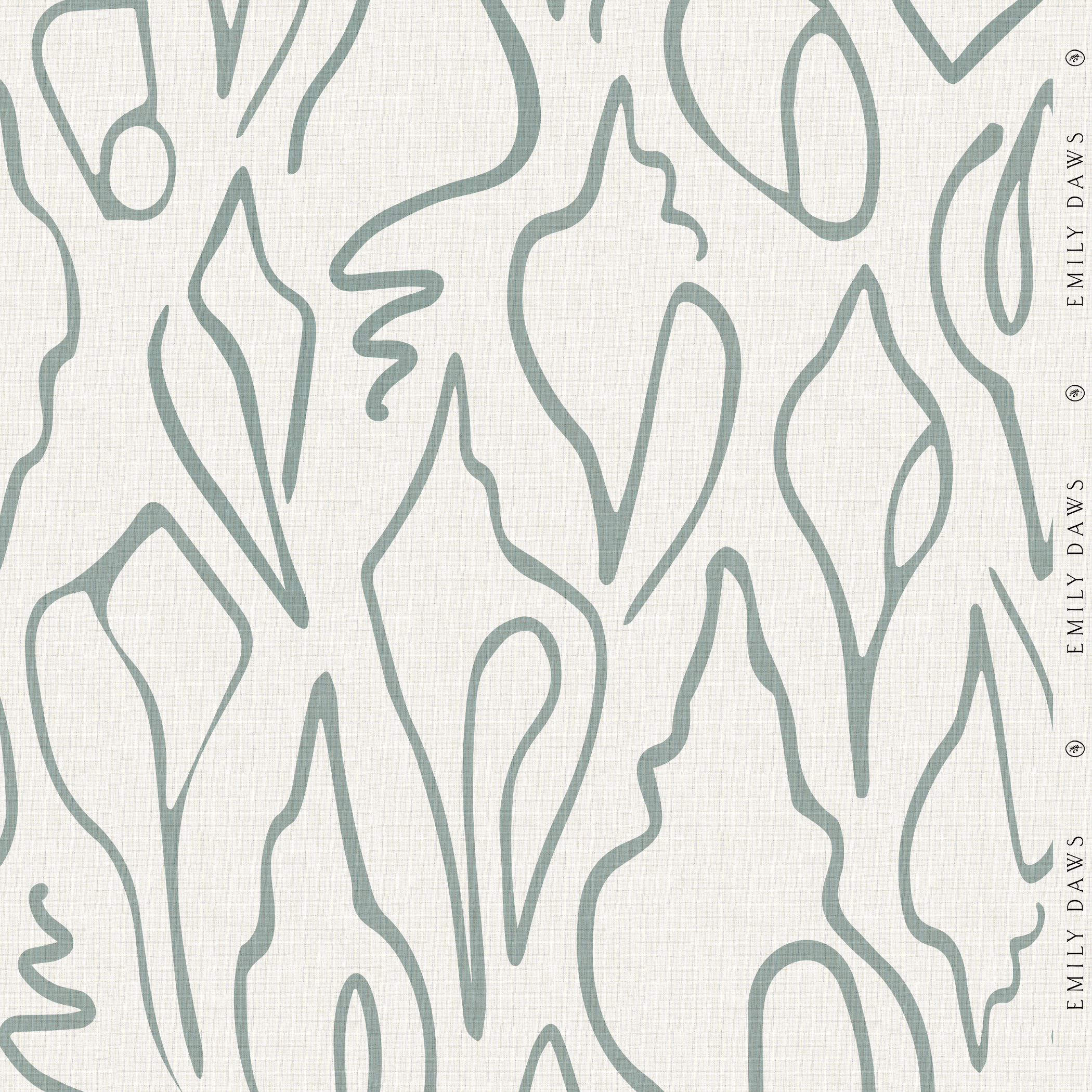 edisto turquoise fabric by emily daws featuring coastal blue shell pattern on natural linen for interiors