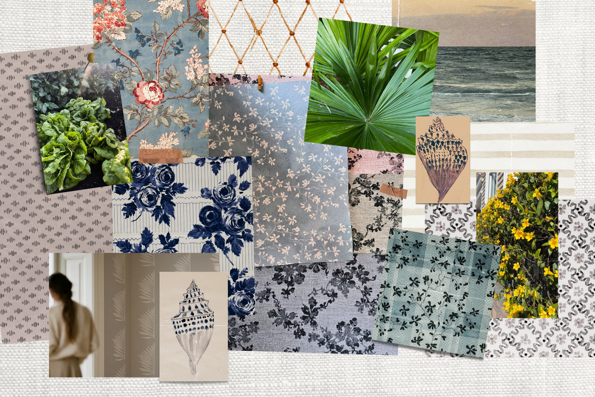 A collage of fashion and home decor imagery including floral fabrics, botanical prints, a seashore scene, a palm leaf, a seashell illustration, and a woman in a room, arranged on a textured cream fabric background. Emily Daws Studio.