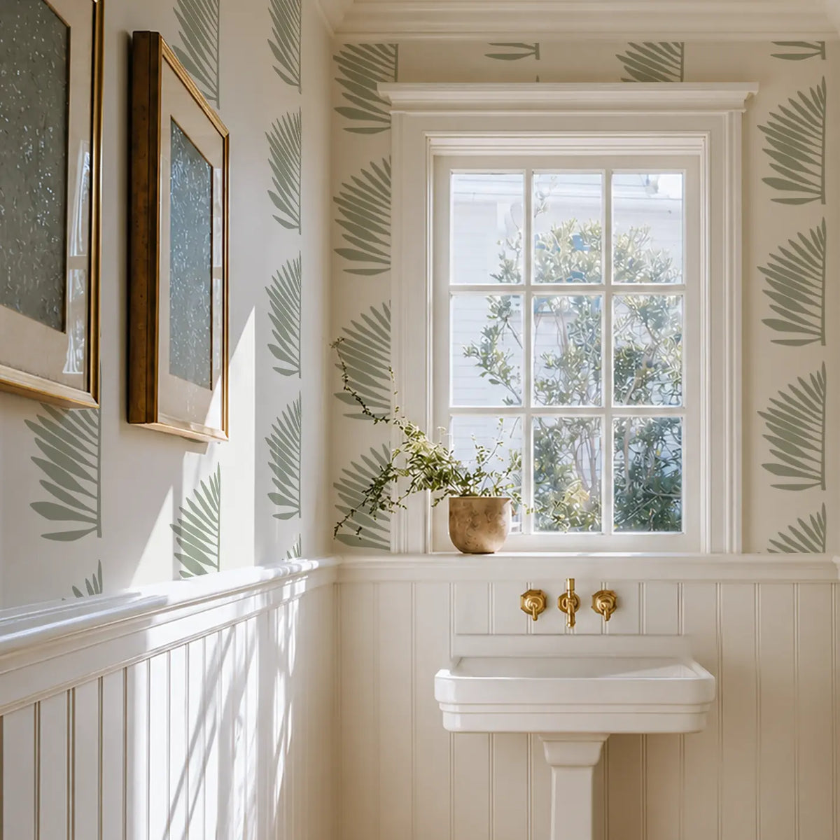 Square in mage of a beach house powder room wallpaper with Emily Daws Palmetto Wallpaper in coastal sage green.