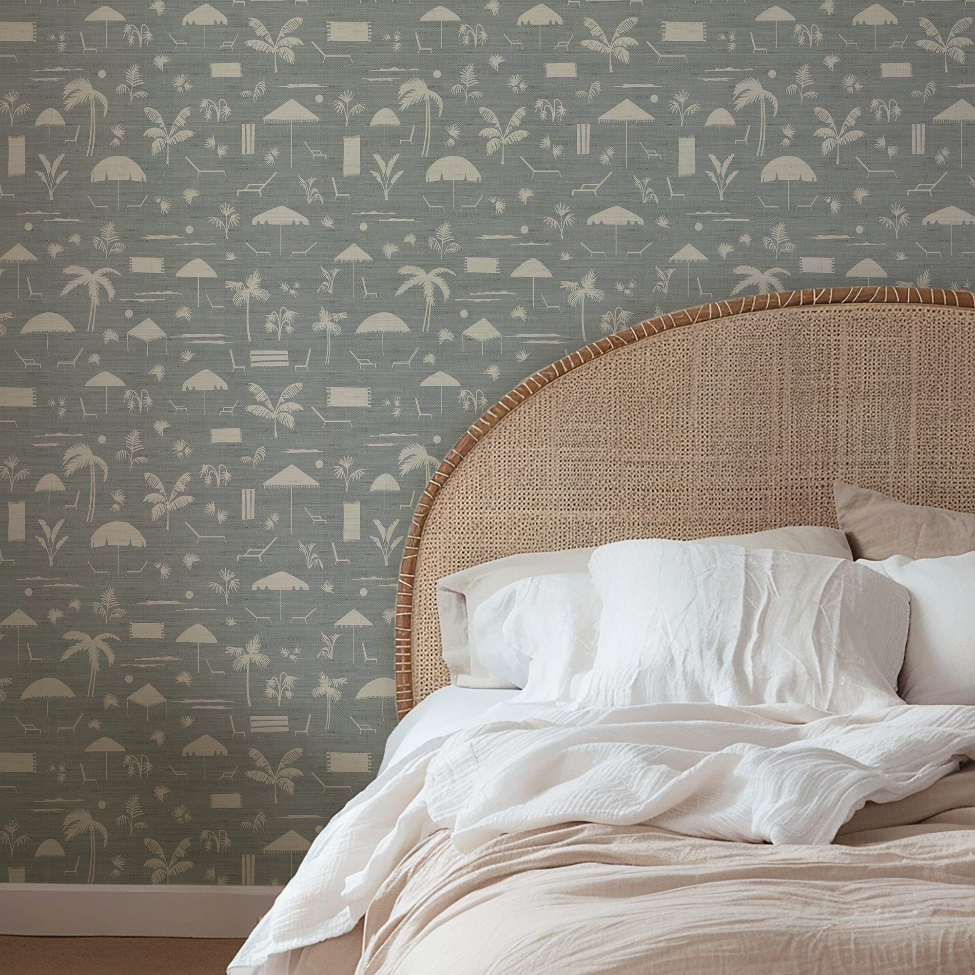 Folly Toile Grasscloth wallpaper in Harbor styled by Emily Daws – luxury coastal look for waterfront dining room