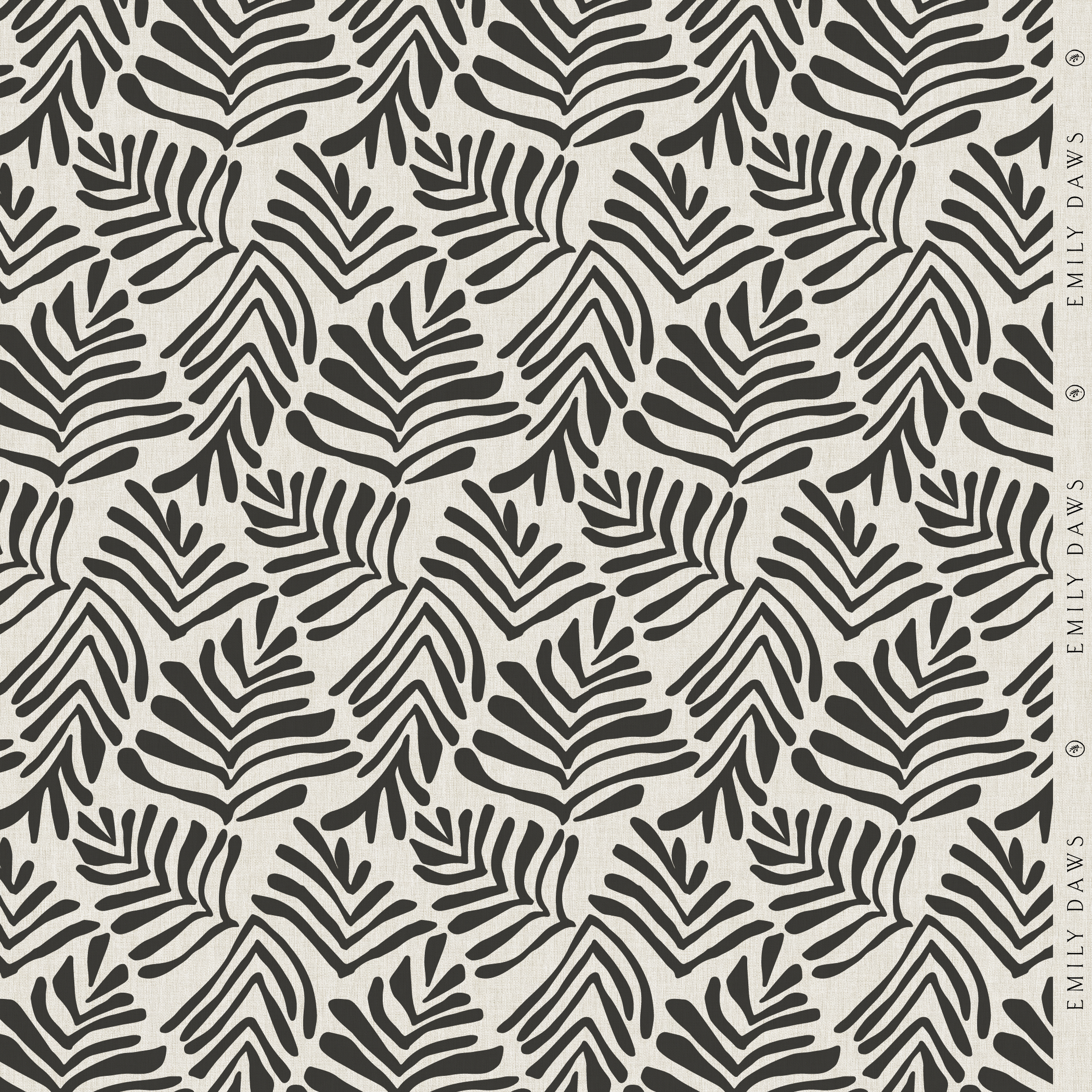 frond crow fabric by emily daws featuring bold black botanical pattern on natural linen by the yard