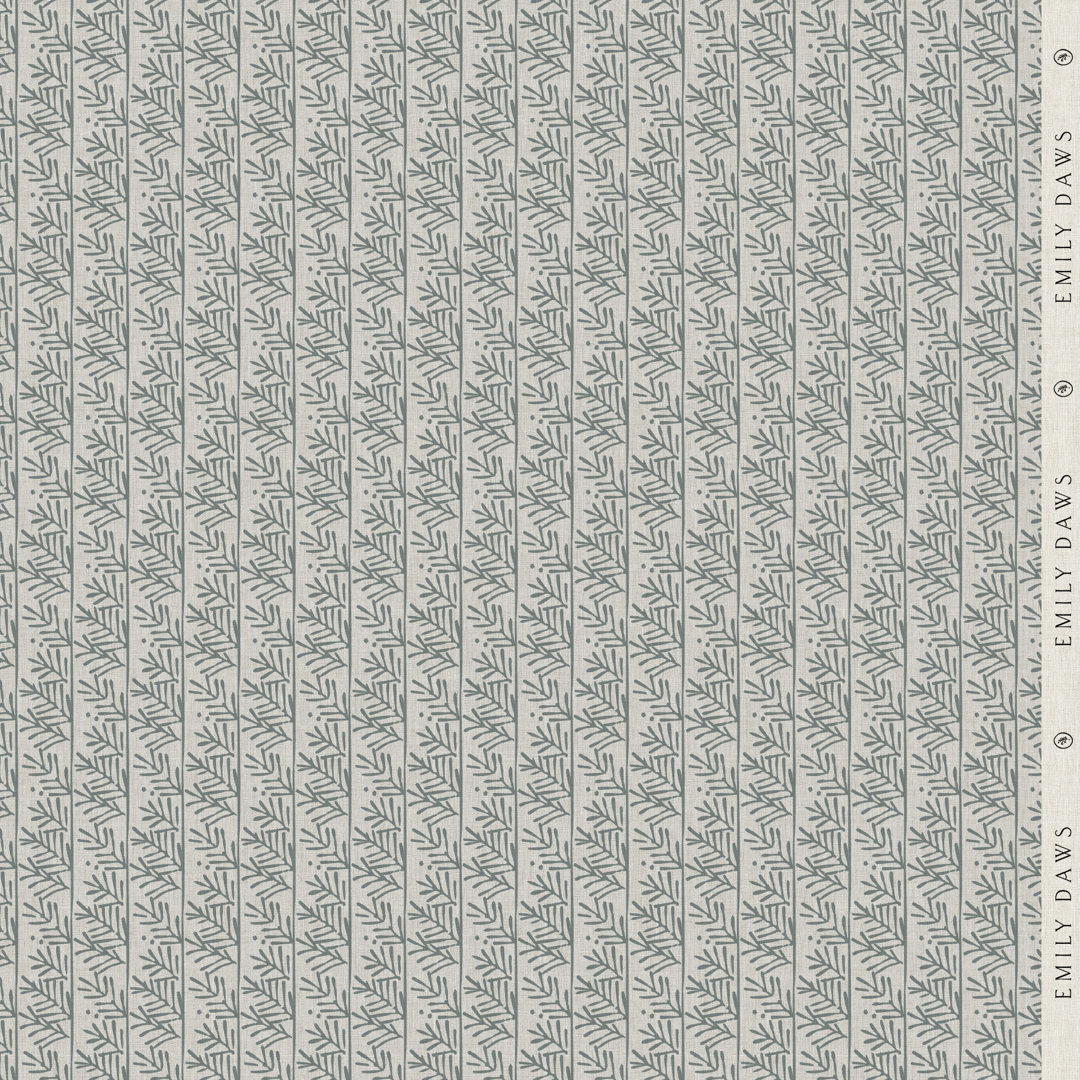 hemlock mineral fabric by emily daws featuring soft gray-blue botanical pattern on natural linen by the yard