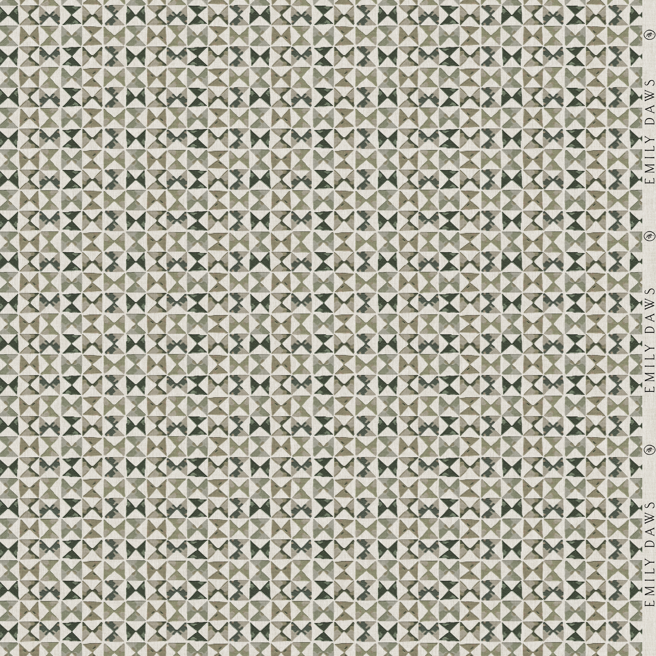 kaleidoscope ivy fabric by emily daws featuring deep green geometric pattern on natural linen by the yard