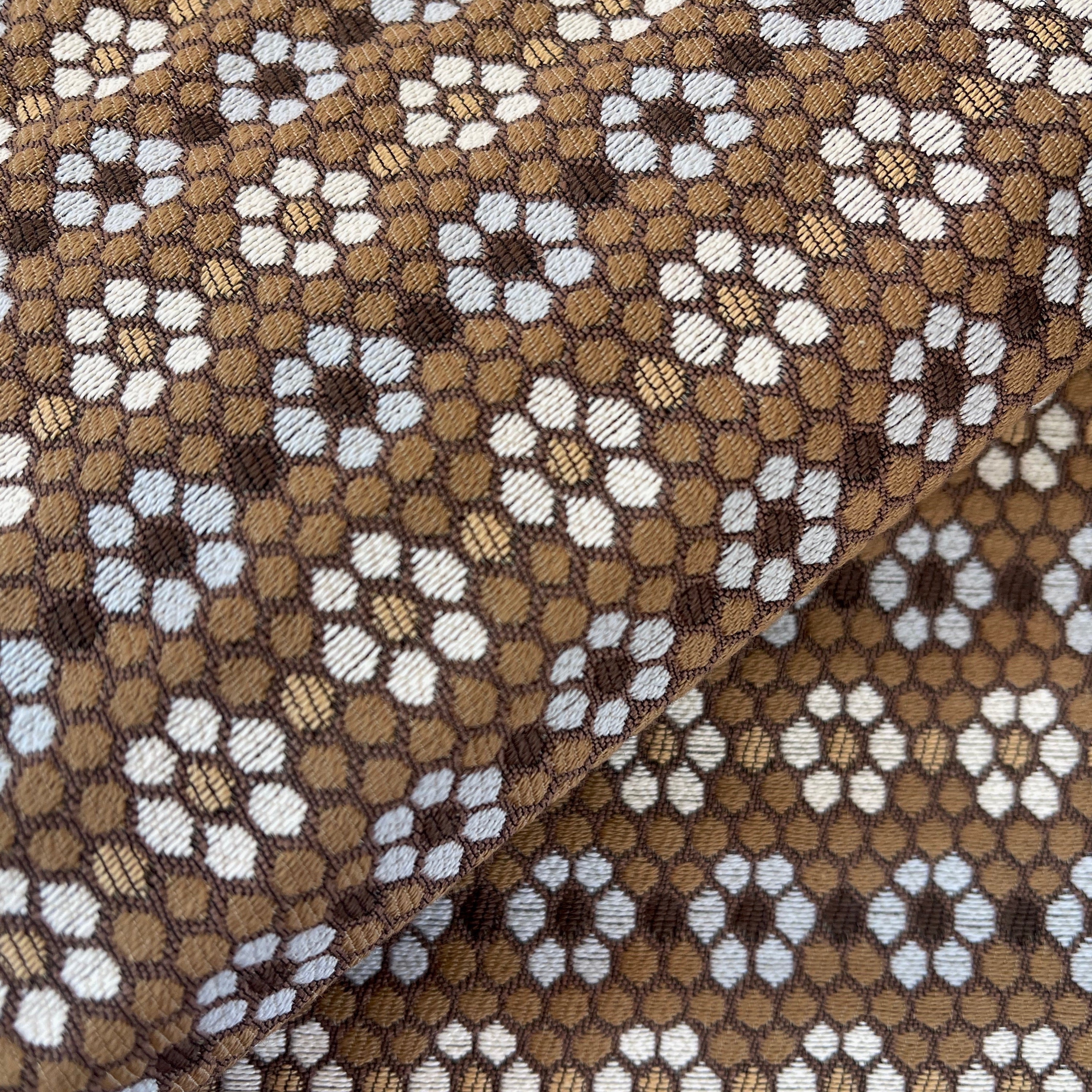 Nectar fabric in Walnut by Emily Daws — close-up detail of woven upholstery fabric, Fauna Collection
