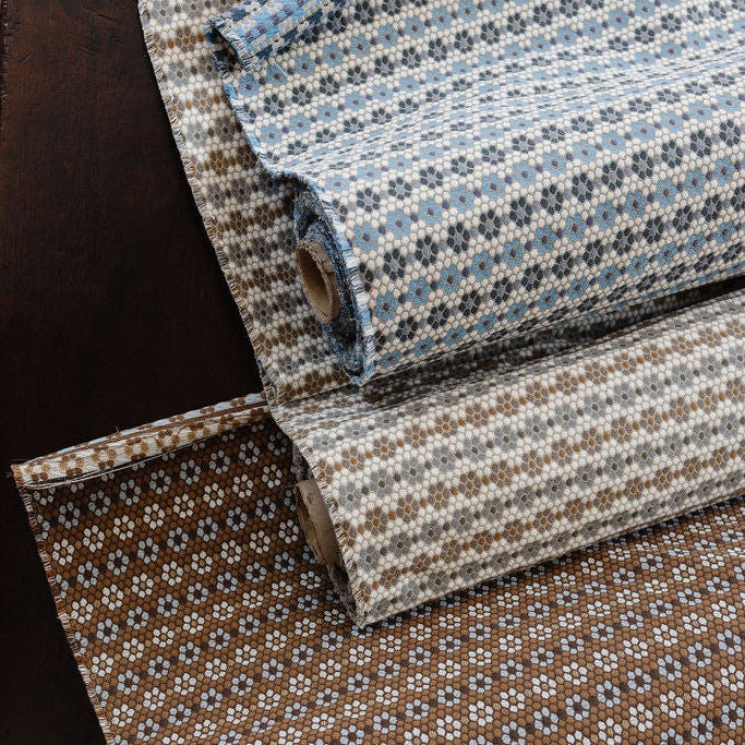 View of vintage inspired woven fabric designed by Charleston artist Emily Daws