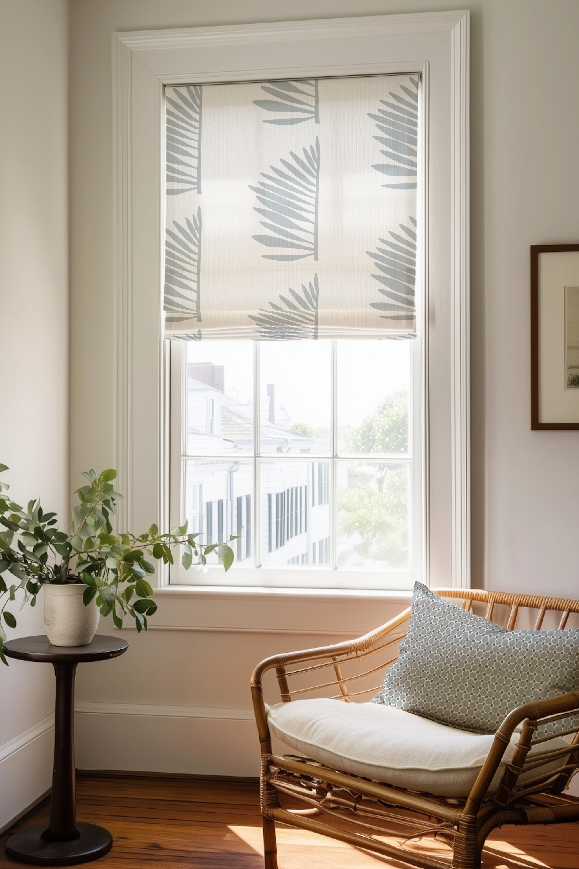 Corner of a bedroom in a Charleston home with a Roman shade and pillow in Palmetto fabric in Sea by Emily Daws.