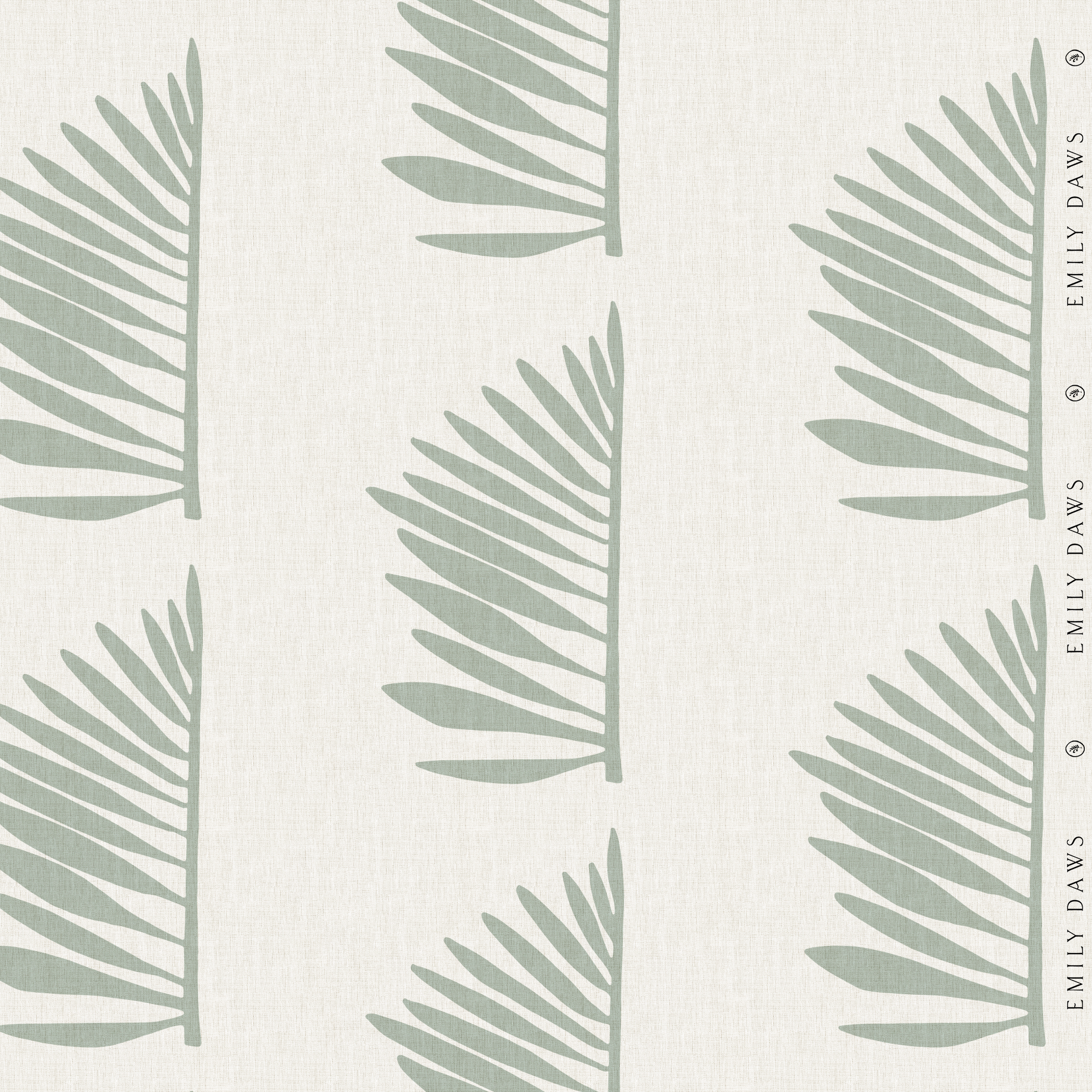 palmetto fabric in leaf by emily daws with green palm fronds on natural linen for custom window treatments
