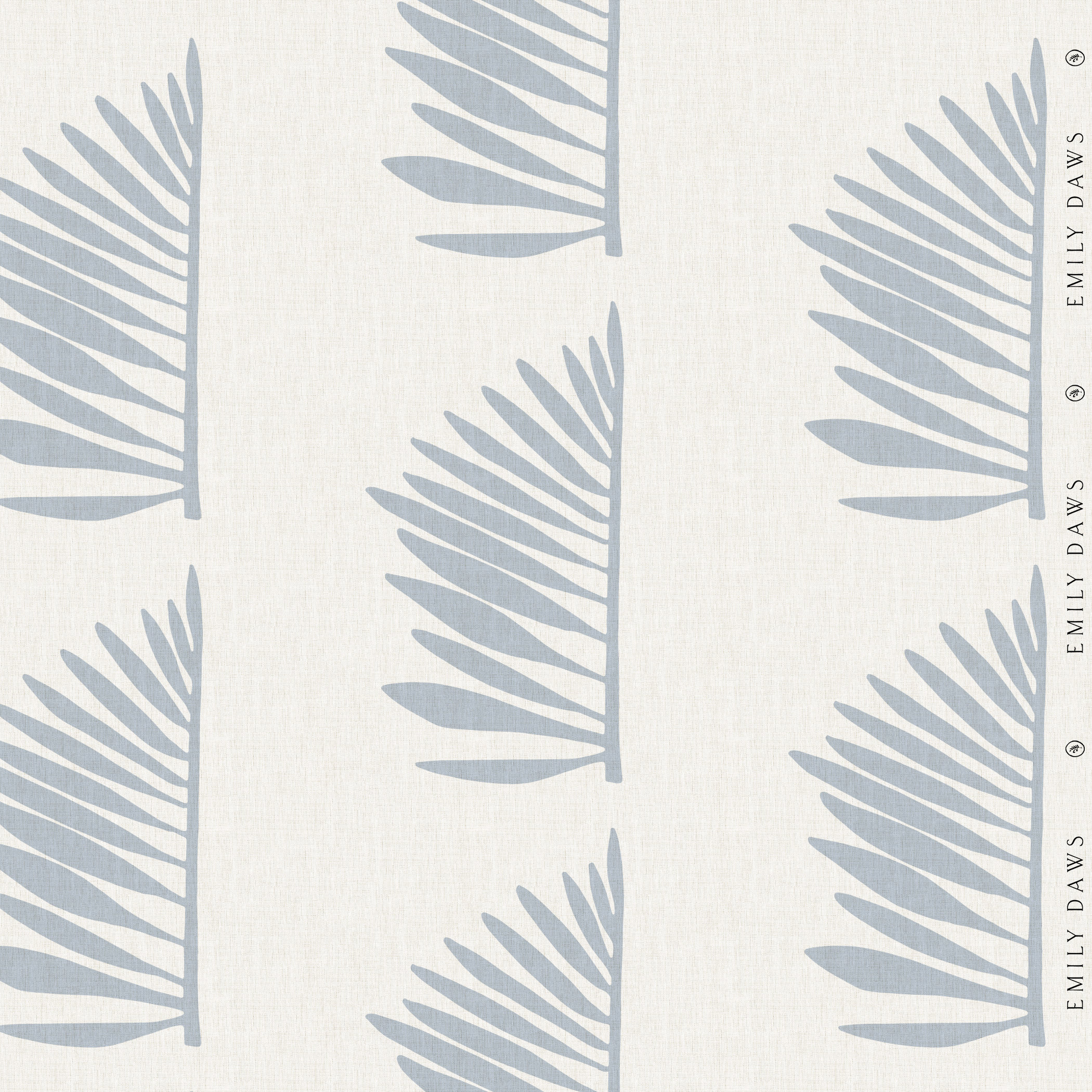 palmetto ocean fabric by emily daws with coastal blue palm fronds on white linen for luxury interiors.