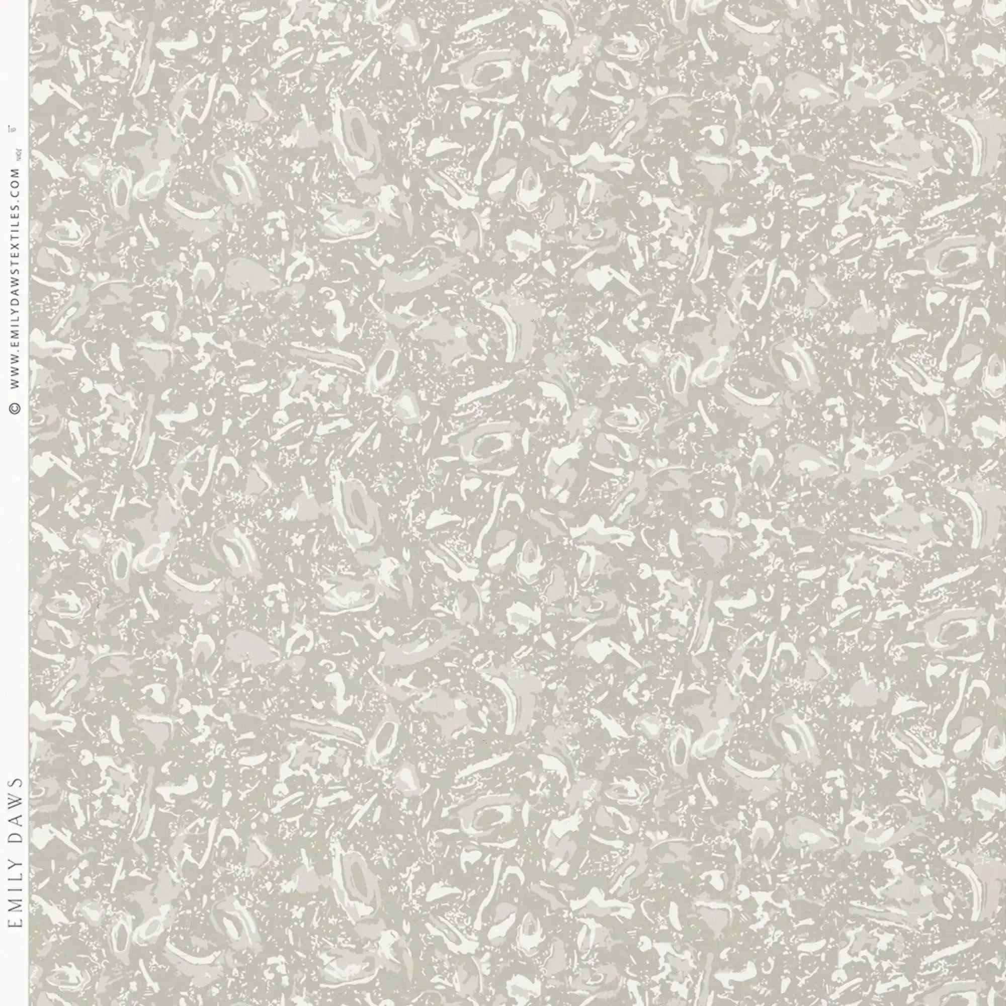 A close-up of a light gray and white marbled oyster shell-like patterned wallpaper, River Reef pattern with vertical text along the left edge reading Emily Daws and a website.