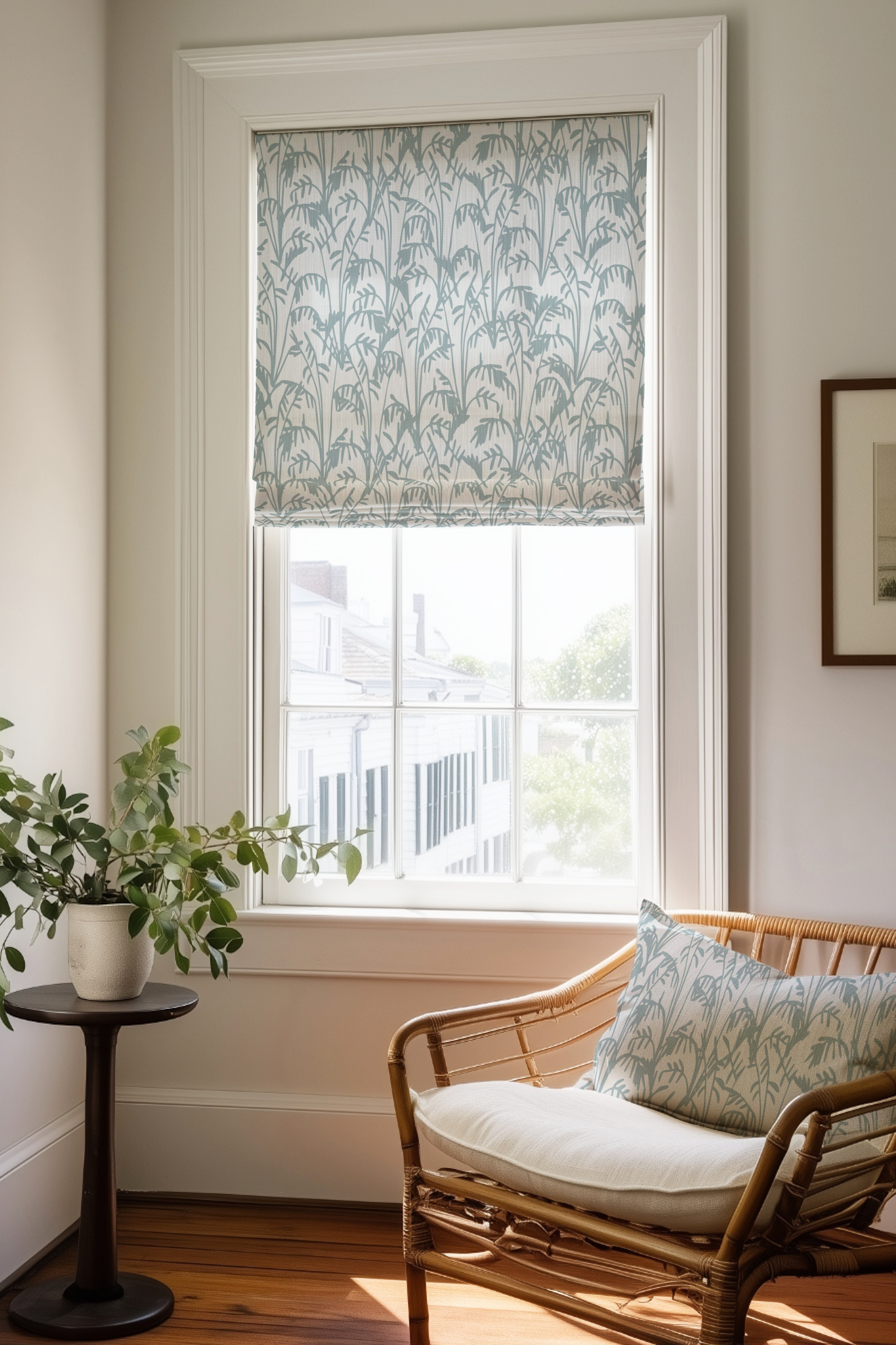 Corner of a bedroom in a Charleston home with a Roman shade and pillow in Seabrook fabric in Aqua by Emily Daws.