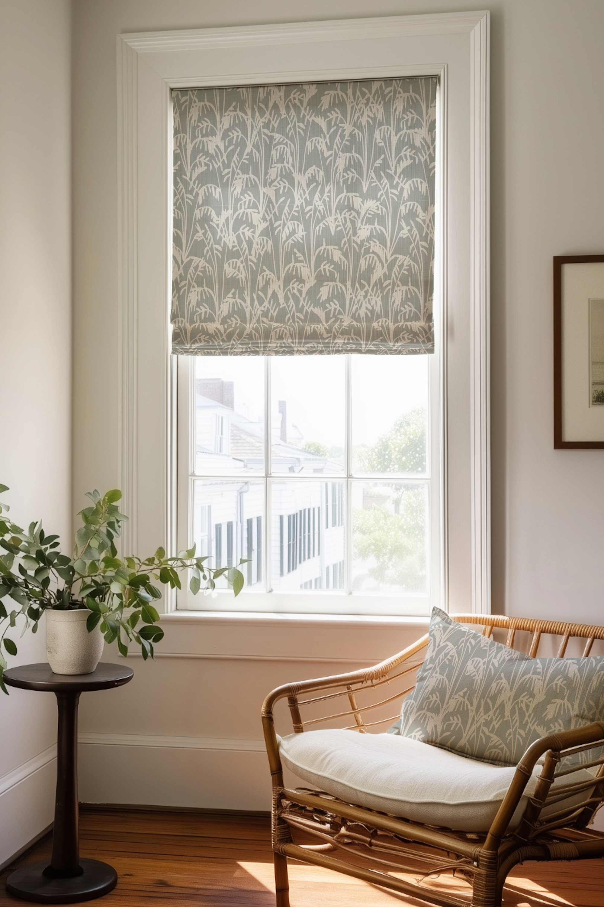 Corner of a bedroom in a Charleston home with a Roman shade and pillow in Seabrook fabric in Pistachio by Emily Daws.