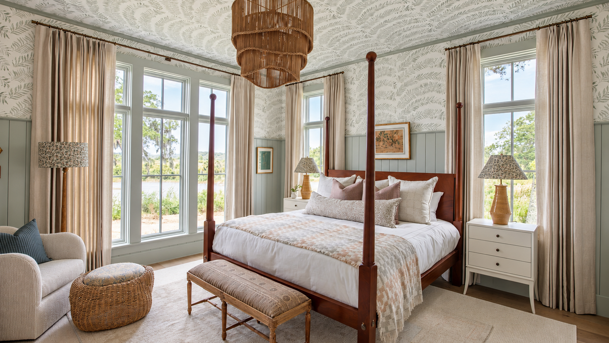 Bedroom in the Southern Living Idea House in Charleston SC.  Fabric by the yard designed by Emily Daws.