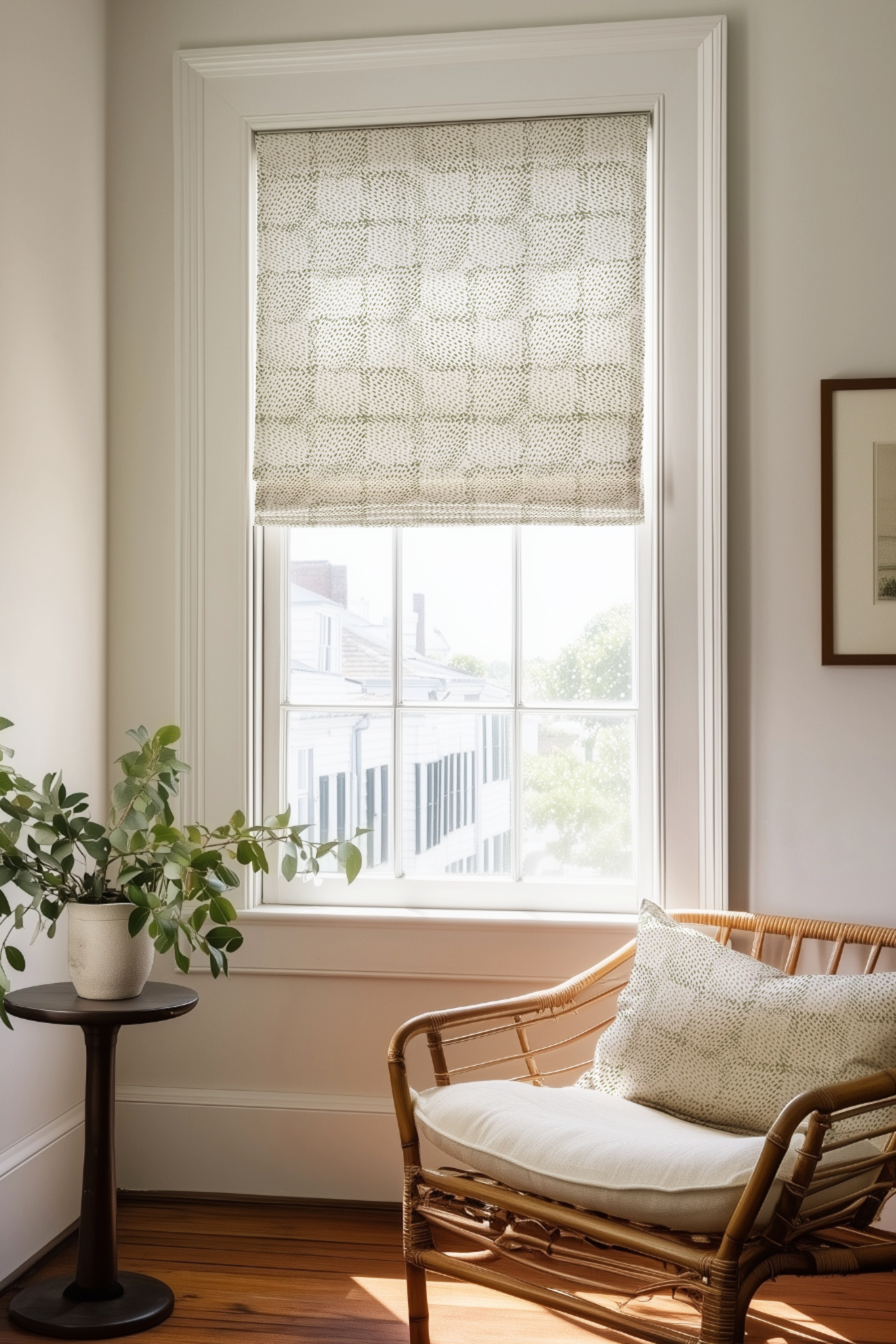 Corner of a bedroom in a Charleston home with a Roman shade and pillow in Speckled Check fabric in Chive by Emily Daws.