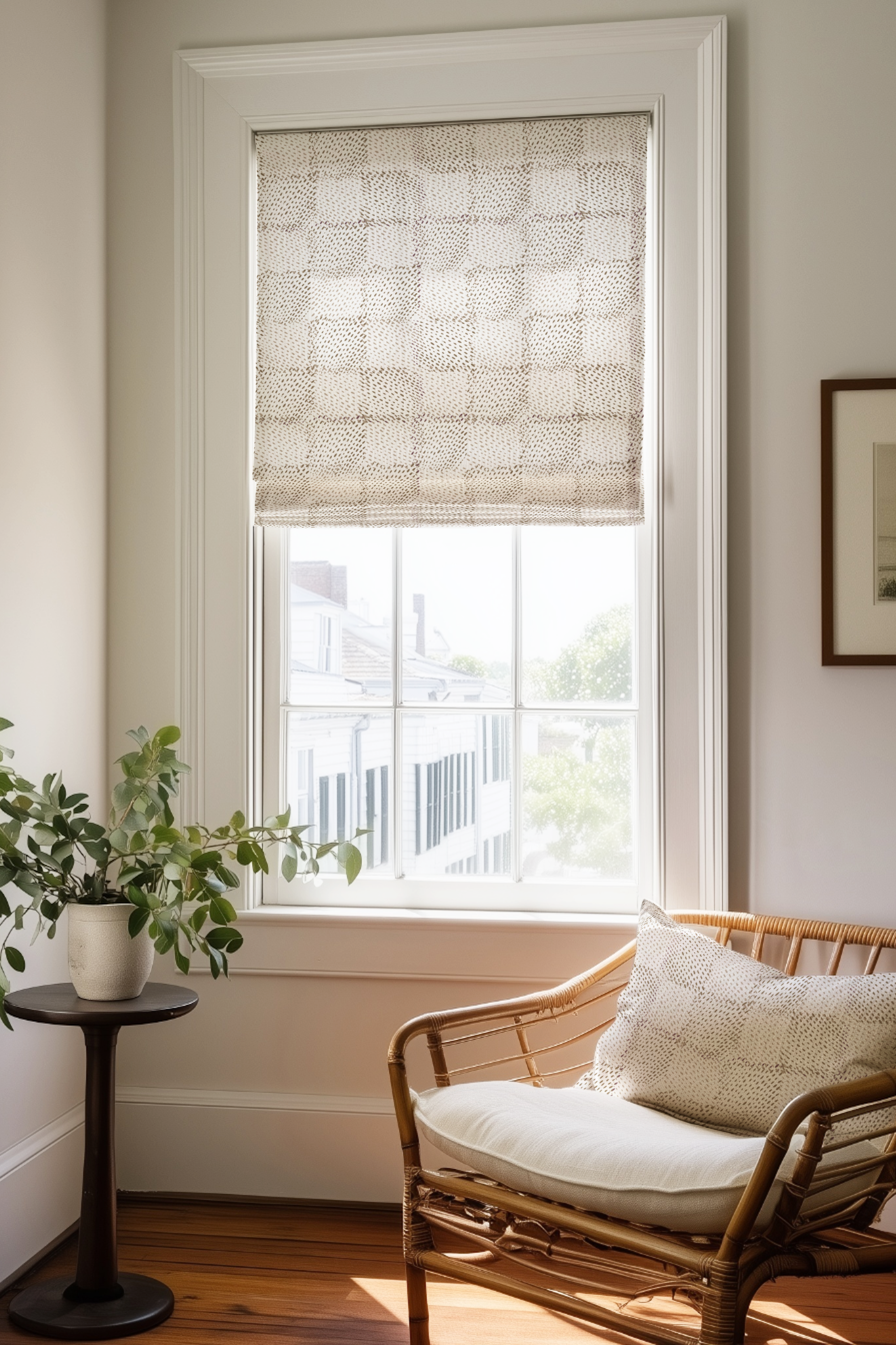 Corner of a bedroom in a Charleston home with a Roman shade and pillow in Speckled Check fabric in Oak by Emily Daws.