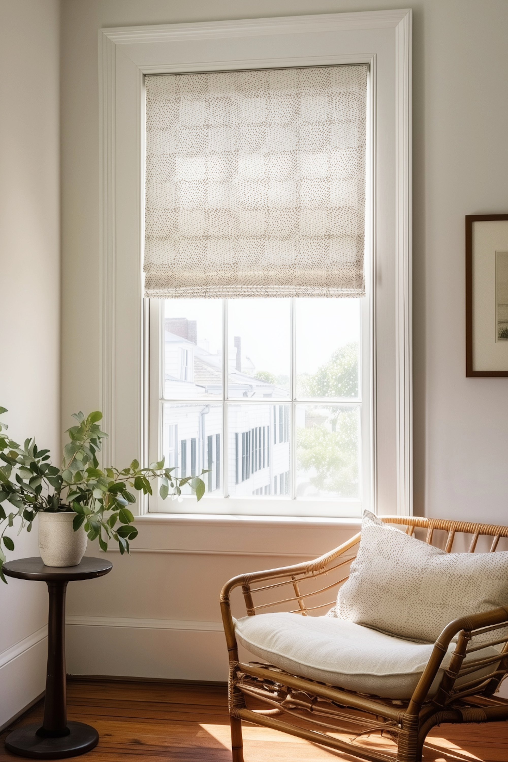 Corner of a bedroom in a Charleston home with a Roman shade and pillow in Speckled Check fabric in Sesame by Emily Daws.