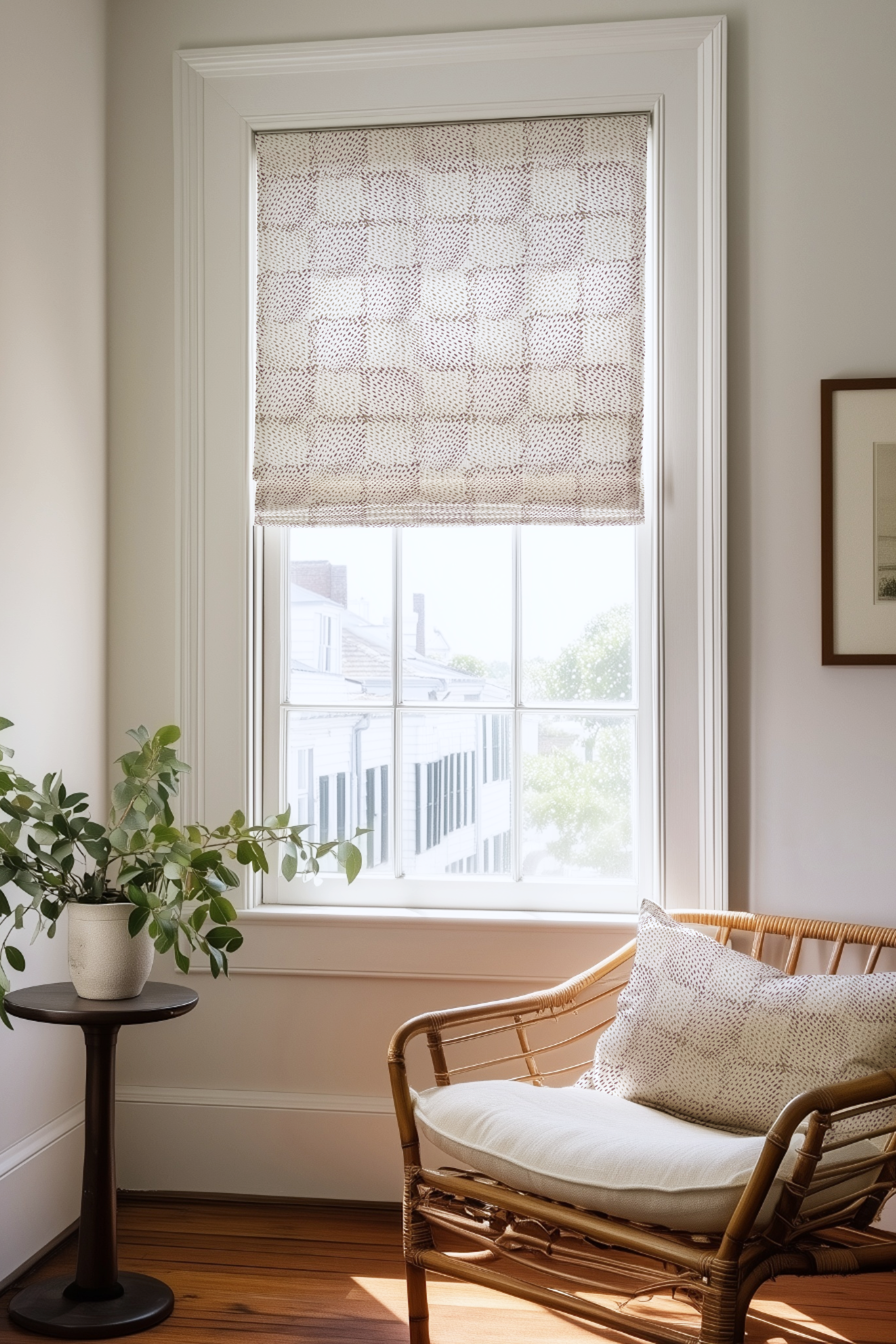 Corner of a bedroom in a Charleston home with a Roman shade and pillow in Speckled Check fabric in Sorbet by Emily Daws.