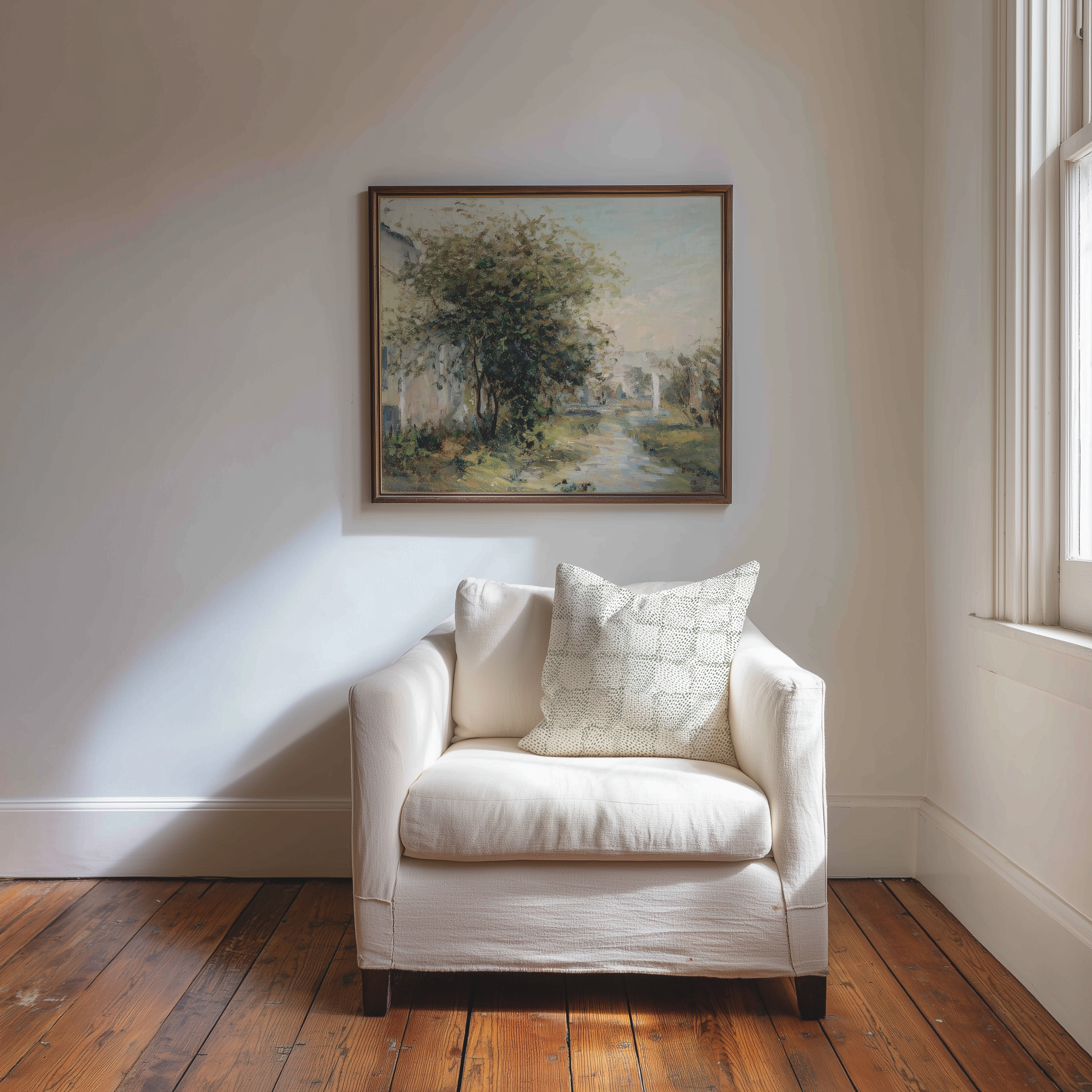 Speckled Check fabric in Chive by Emily Daws styled in an interior — Fauna Collection