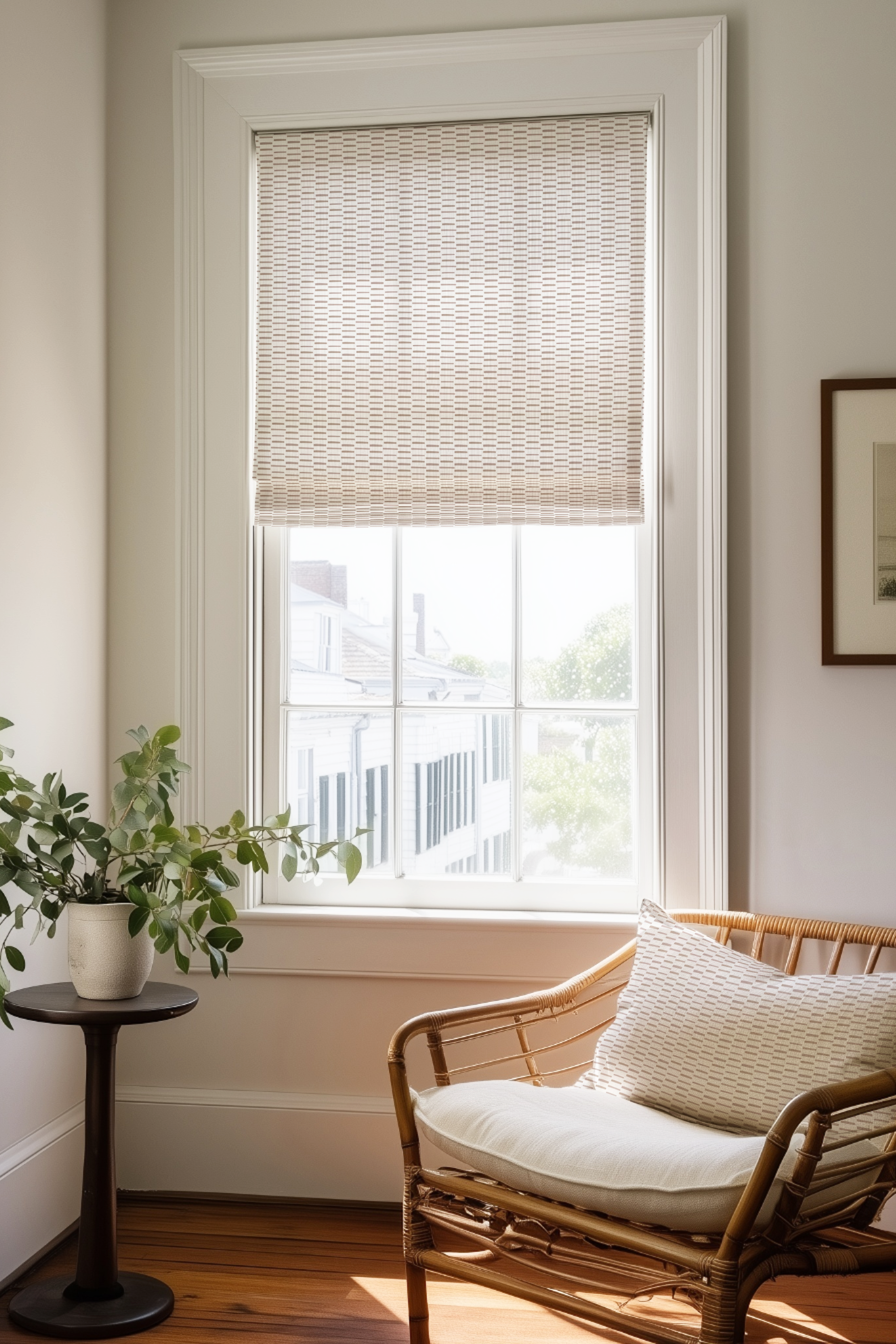Corner of a bedroom in a Charleston home with a Roman shade and pillow in Sweetgrass fabric in Bloom by Emily Daws.