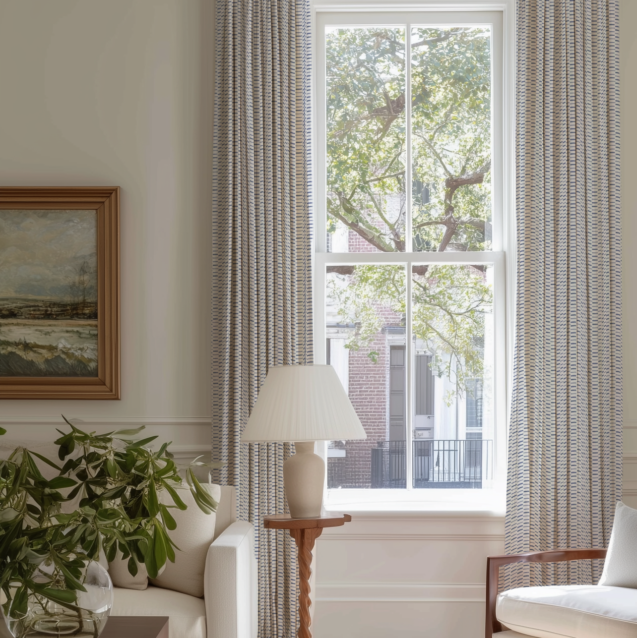 Sweetgrass fabric in Slate by Emily Daws styled in an interior — Charleston Collection