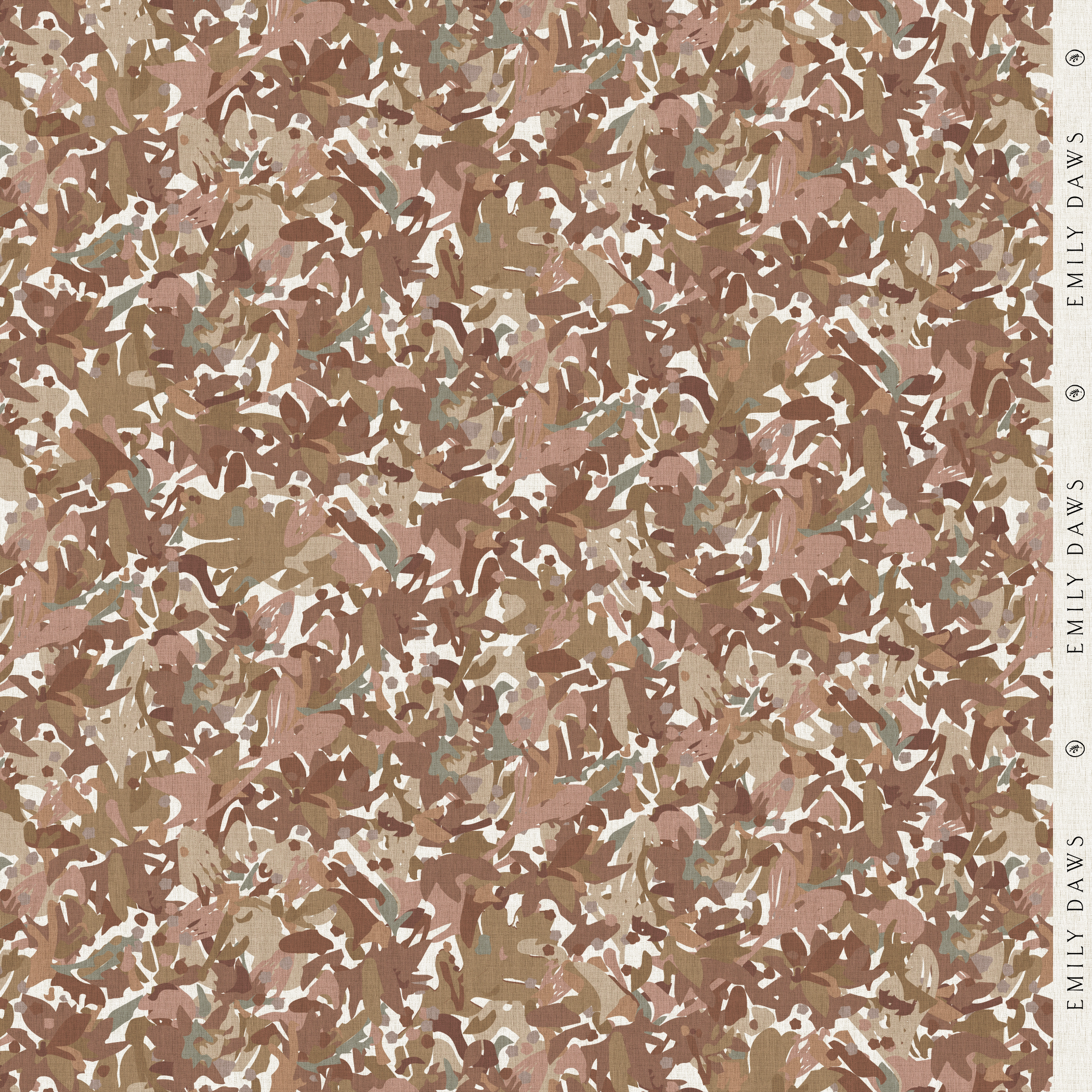 thicket autumn fabric by emily daws featuring warm rust botanical pattern on natural linen by the yard