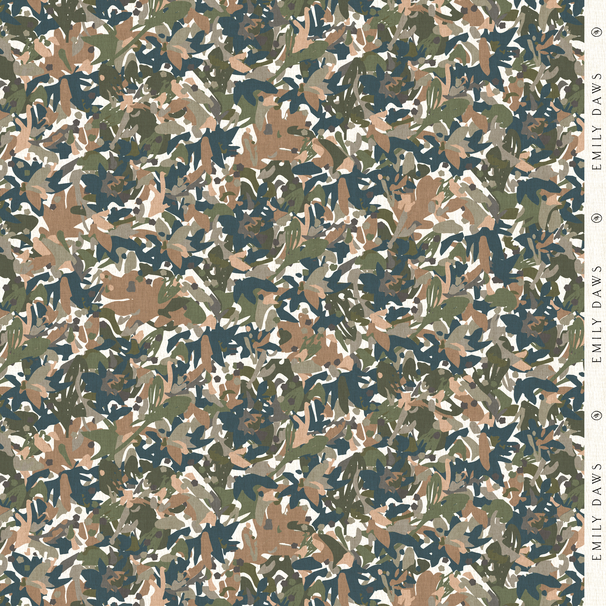 thicket olive fabric by emily daws featuring deep green botanical pattern on natural linen by the yard