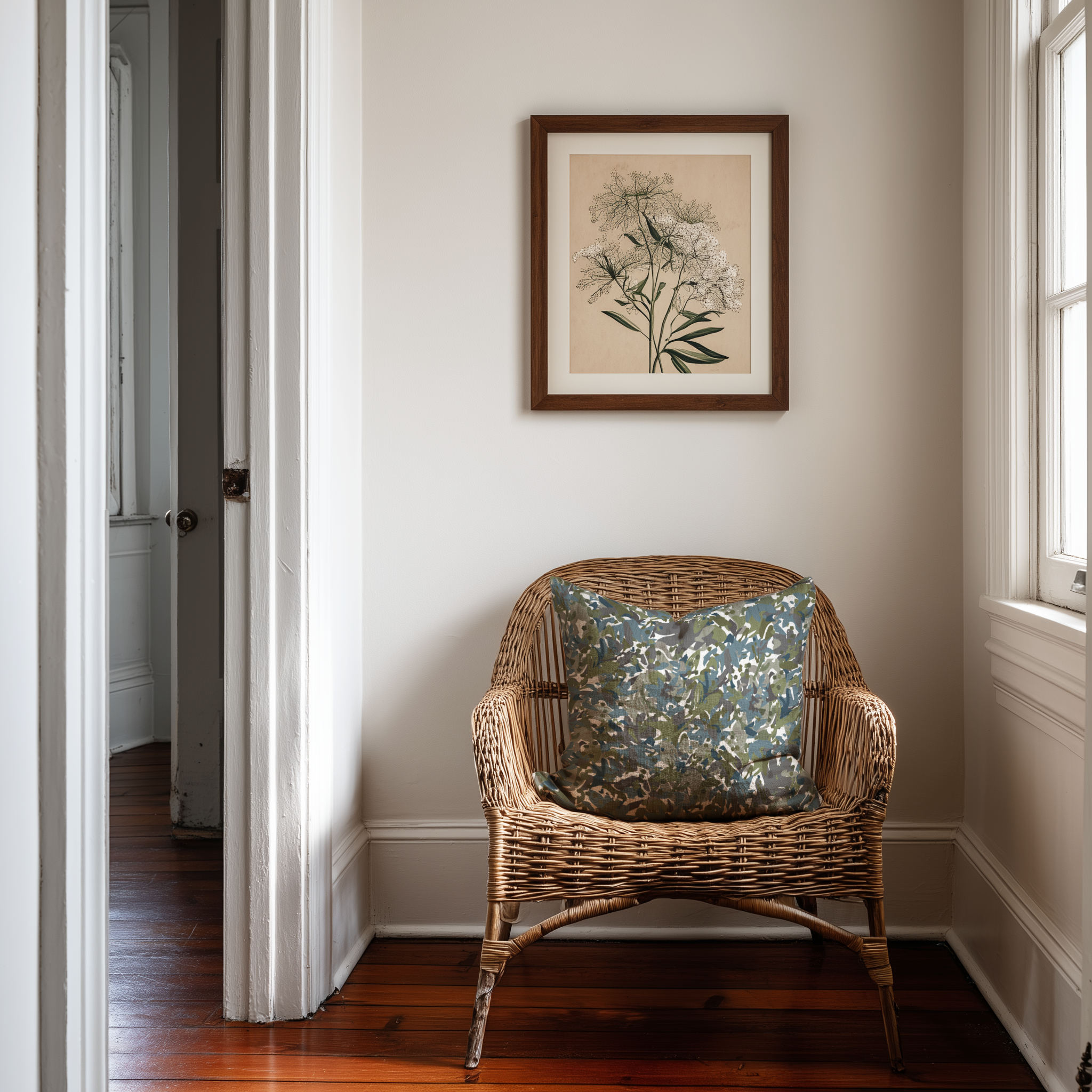 Thicket linen throw pillow in Emerald by Emily Daws styled on a rattan chair in a Charleston home.