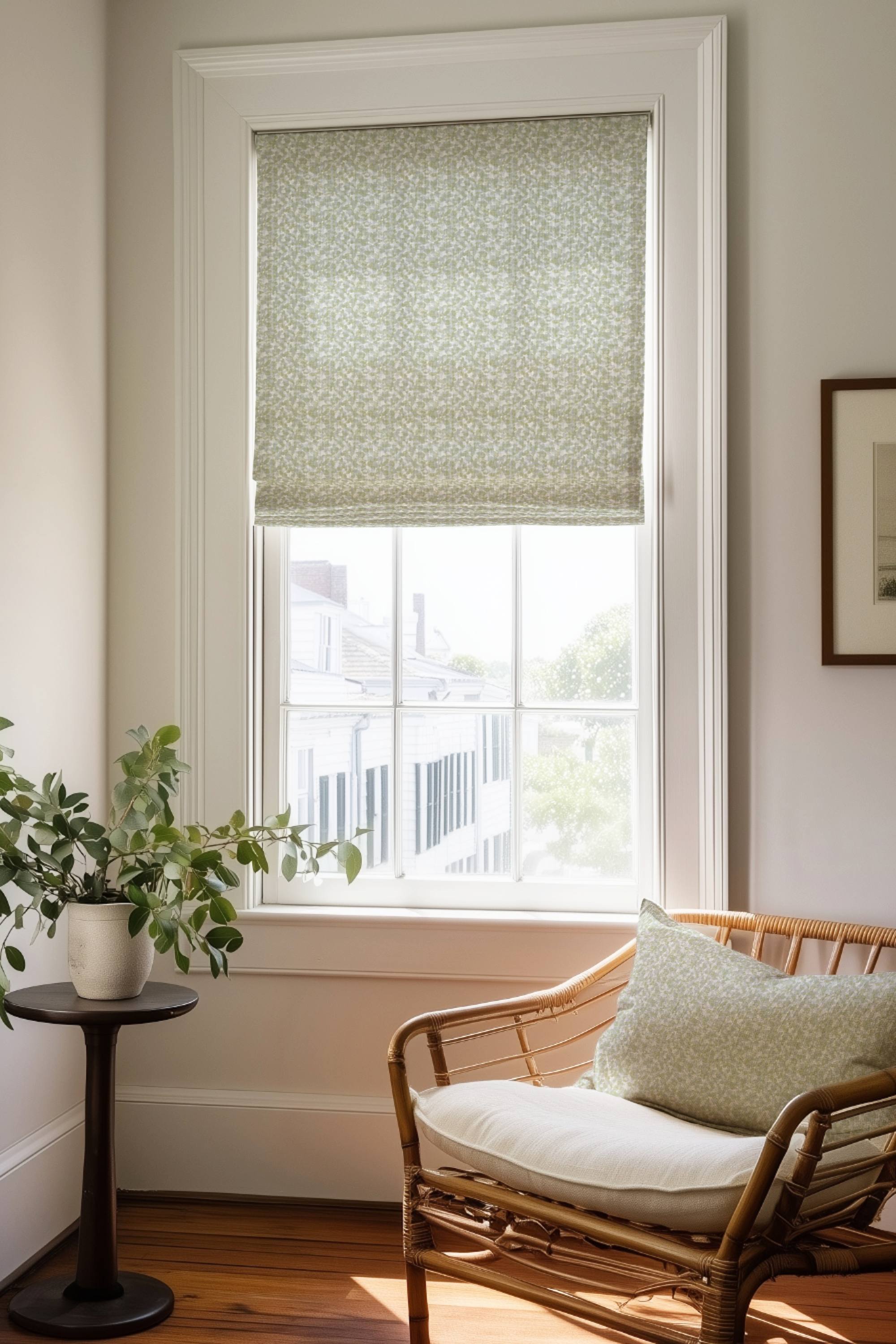 Corner of a bedroom in a Charleston home with a Roman shade and pillow in tortoise fabric in Honeydew by Emily Daws.