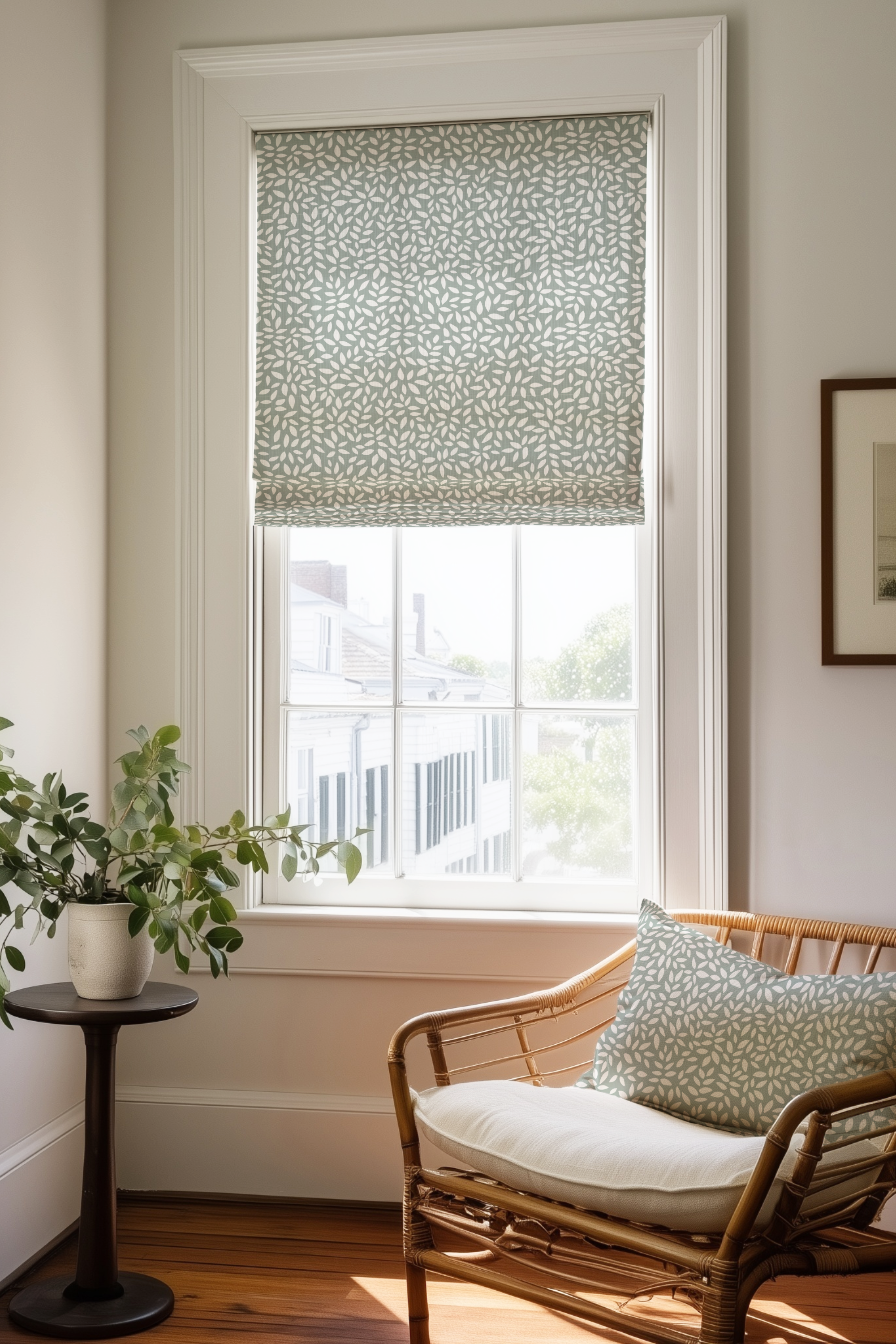 Corner of a bedroom in a Charleston home with a Roman shade and pillow in Wadmalaw fabric in Sage by Emily Daws.