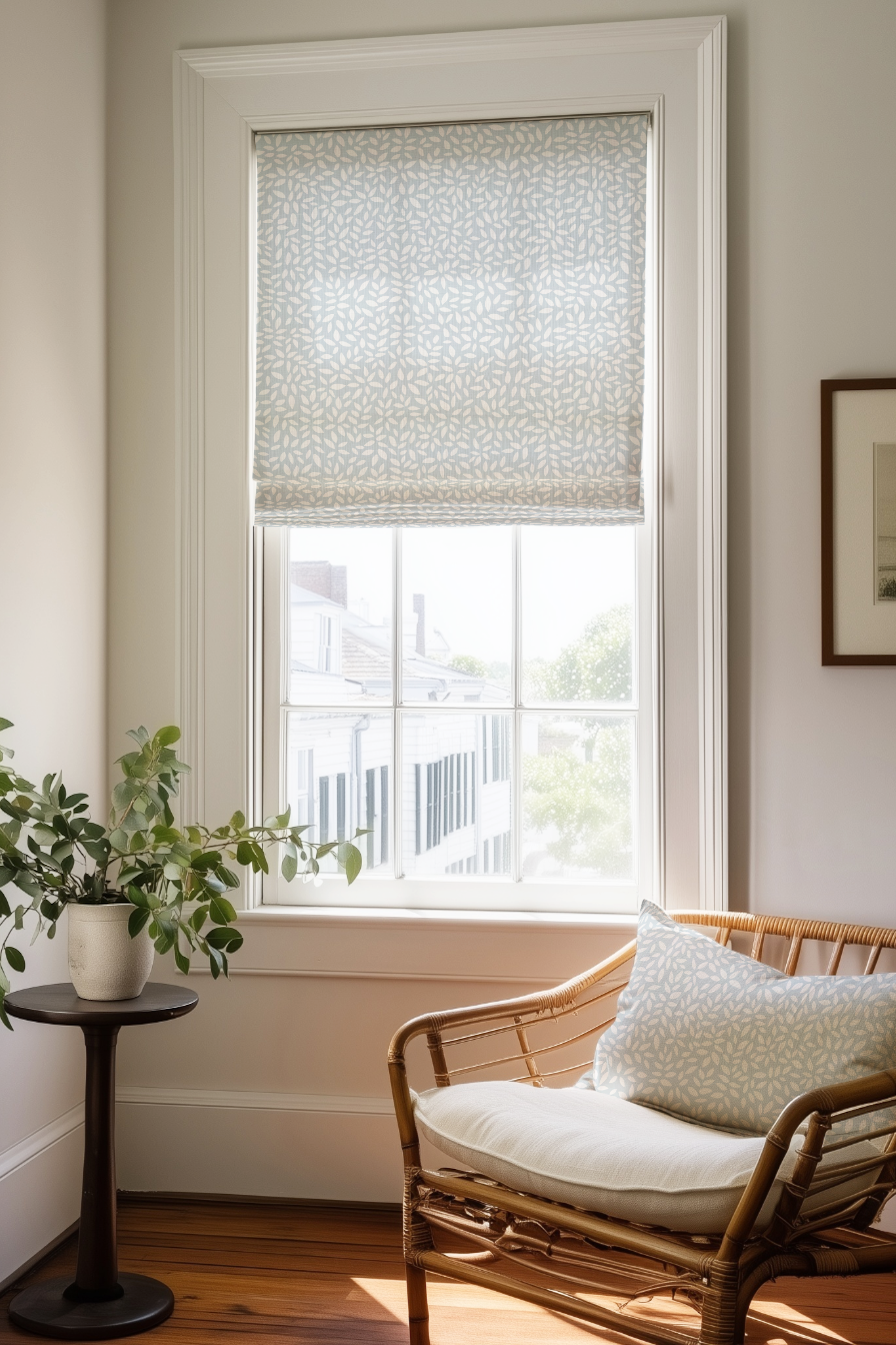 Corner of a bedroom in a Charleston home with a Roman shade and pillow in Wadmalaw fabric in Sky by Emily Daws.