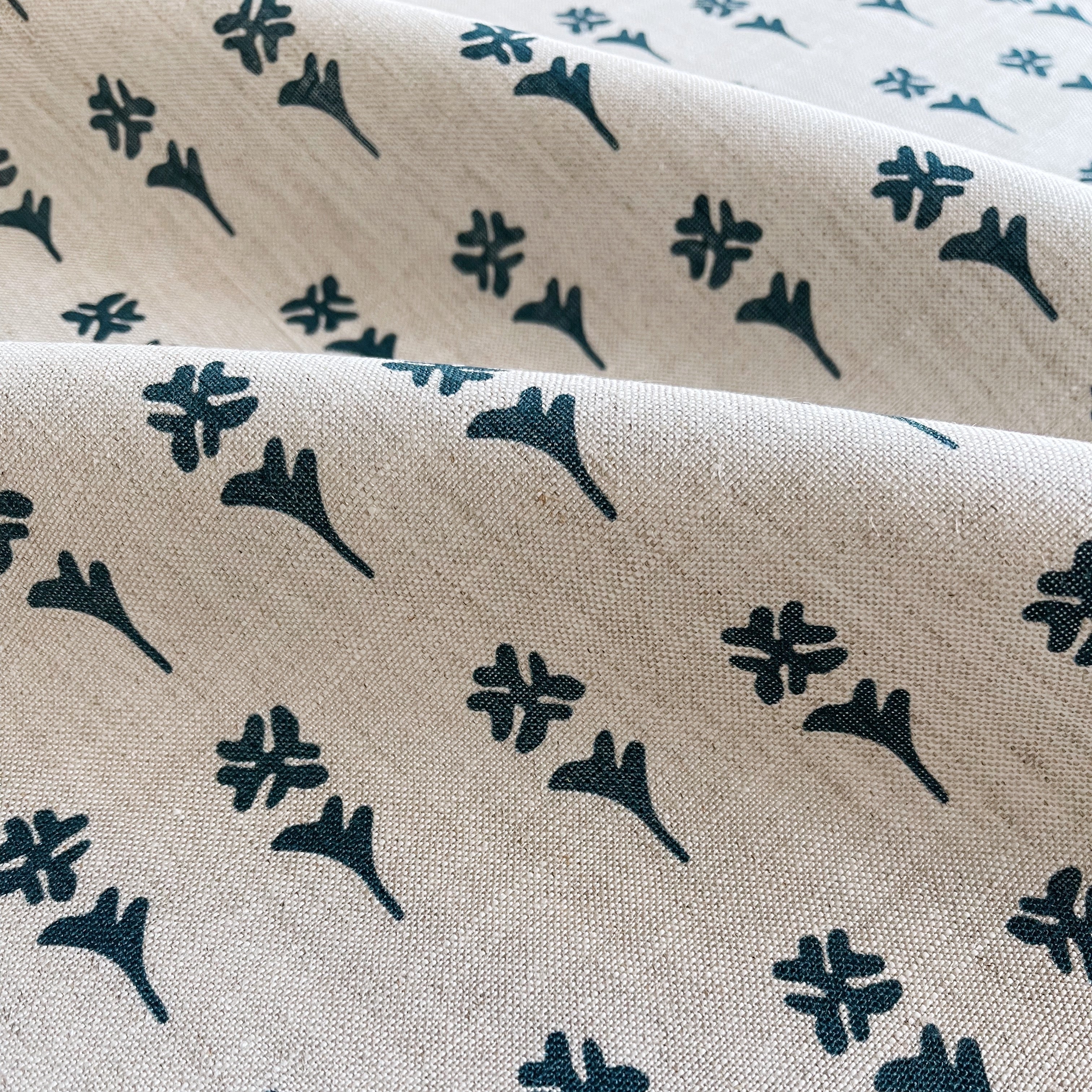 Daffodil fabric in Delft Blue by Emily Daws — close-up detail of Belgian linen, Flora Collection