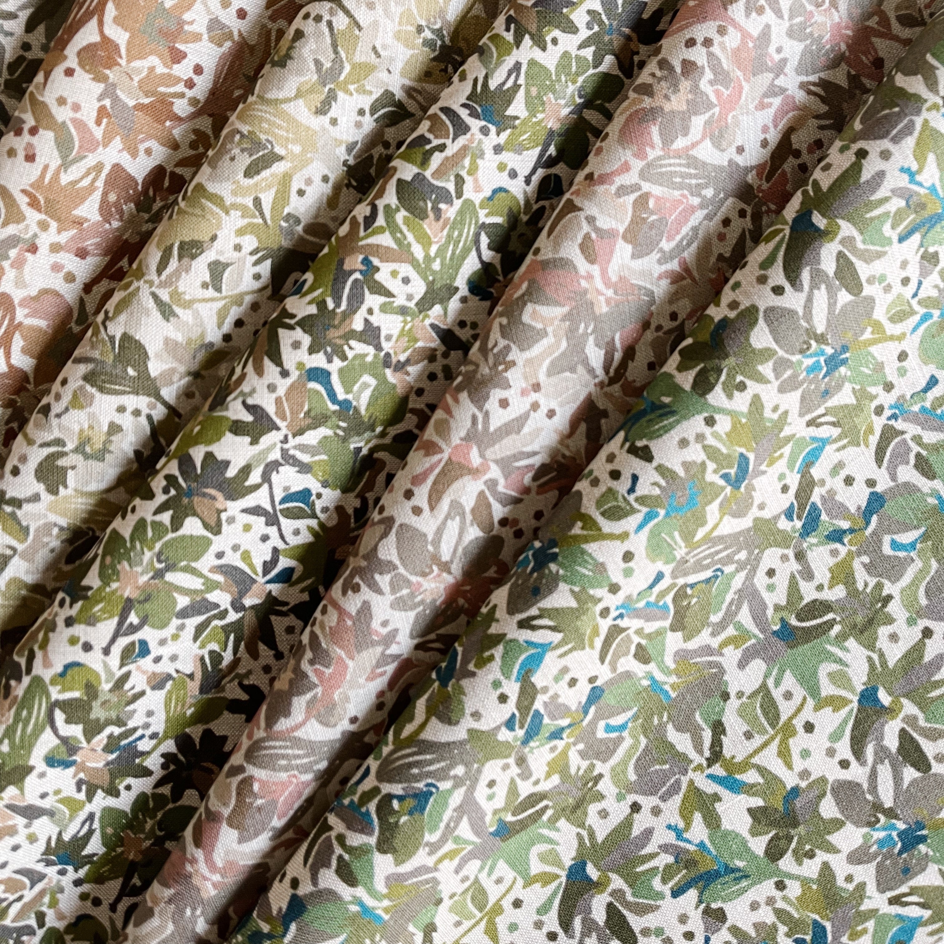 Eden fabric in Olive styled by Emily Daws – cozy countryside look for floral curtains or cushions