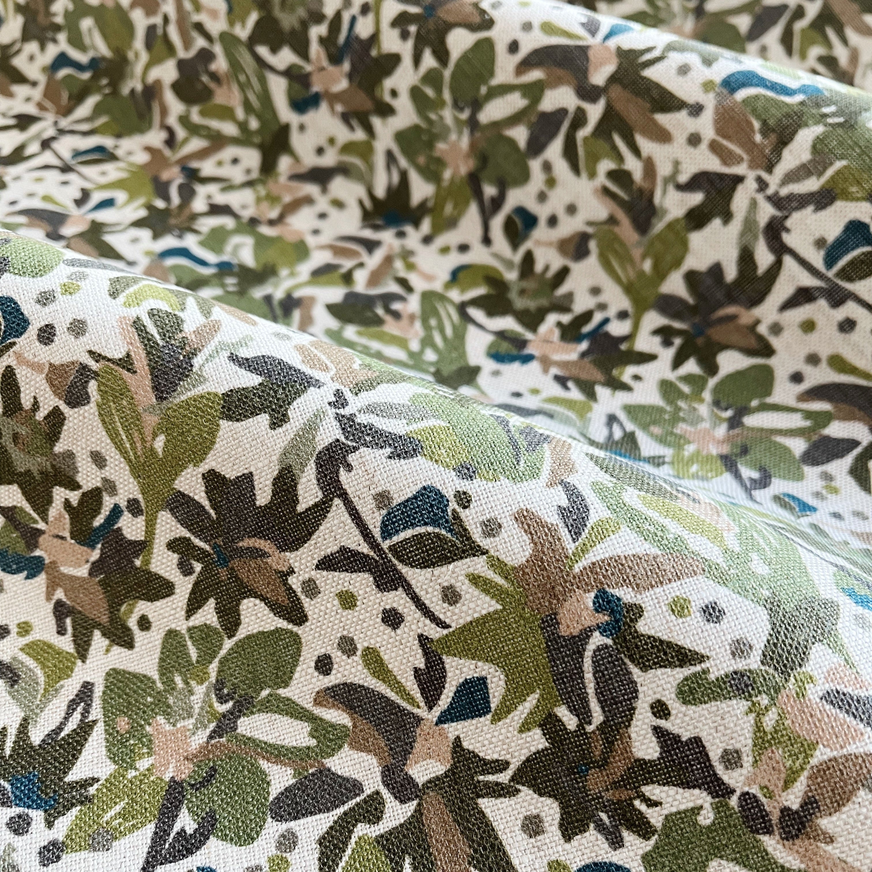 Eden pillow in Olive – fabric detail showing botanical print and linen texture from Flora Collection