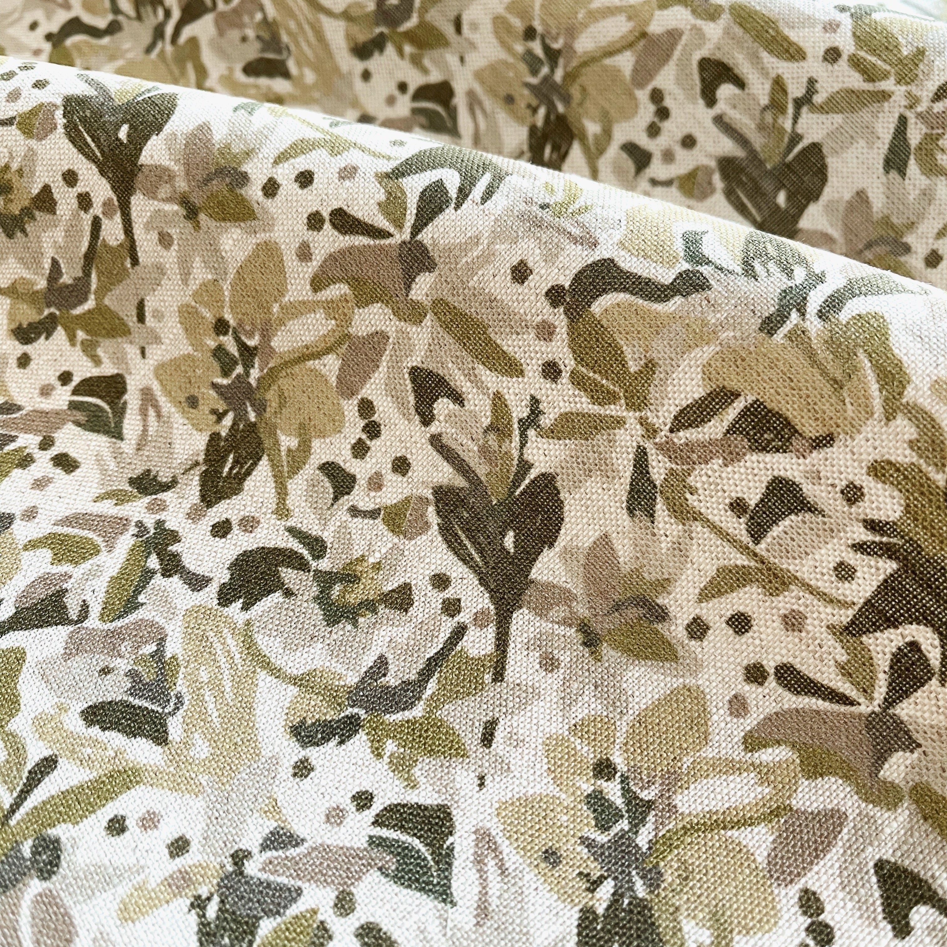 Eden fabric in Sandalwood – close-up of linen texture and leafy pattern; perfect for pattern sofas