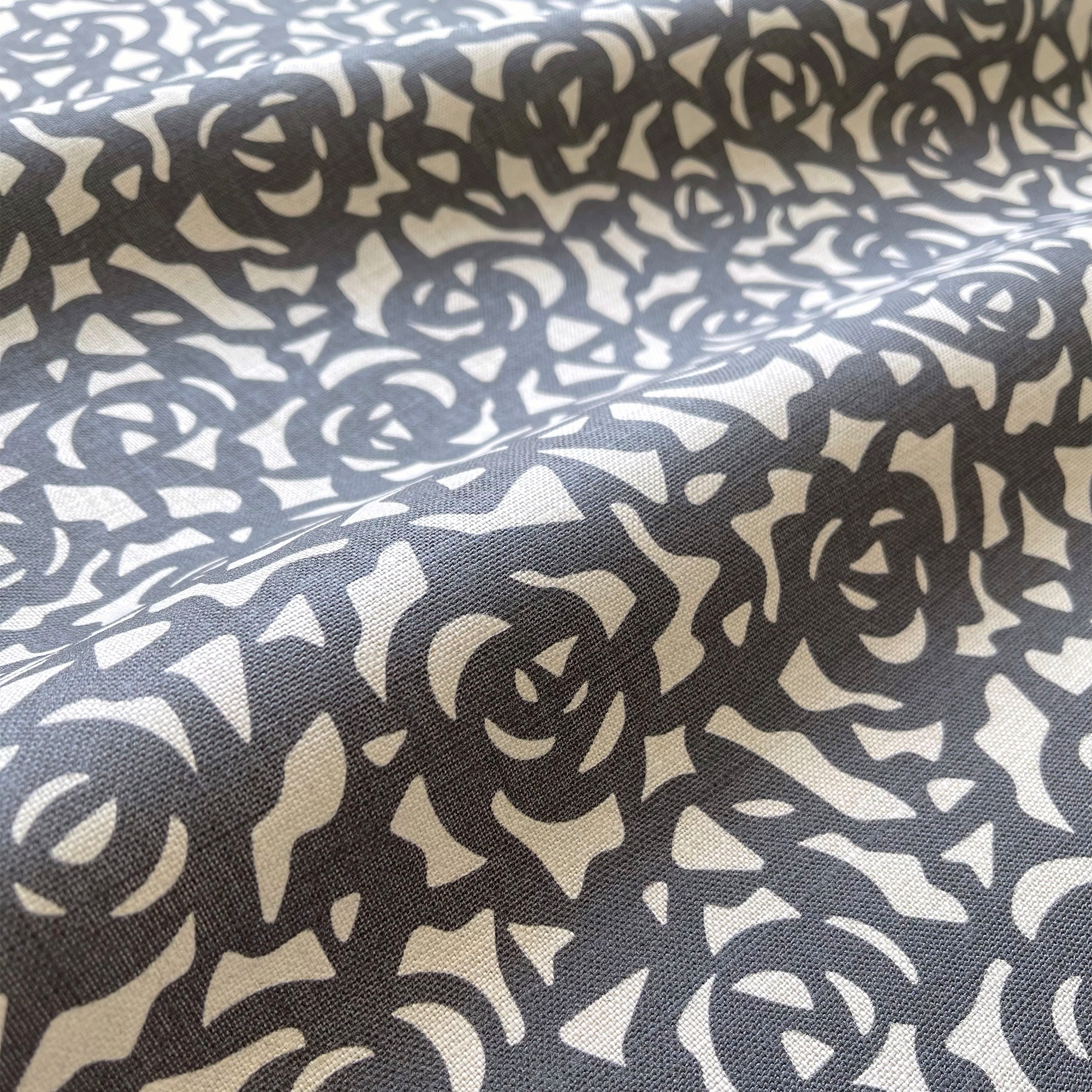 Gardenia fabric in Indigo by Emily Daws – close-up view showcasing linen texture and design – Charleston fabric by the yard for interiors