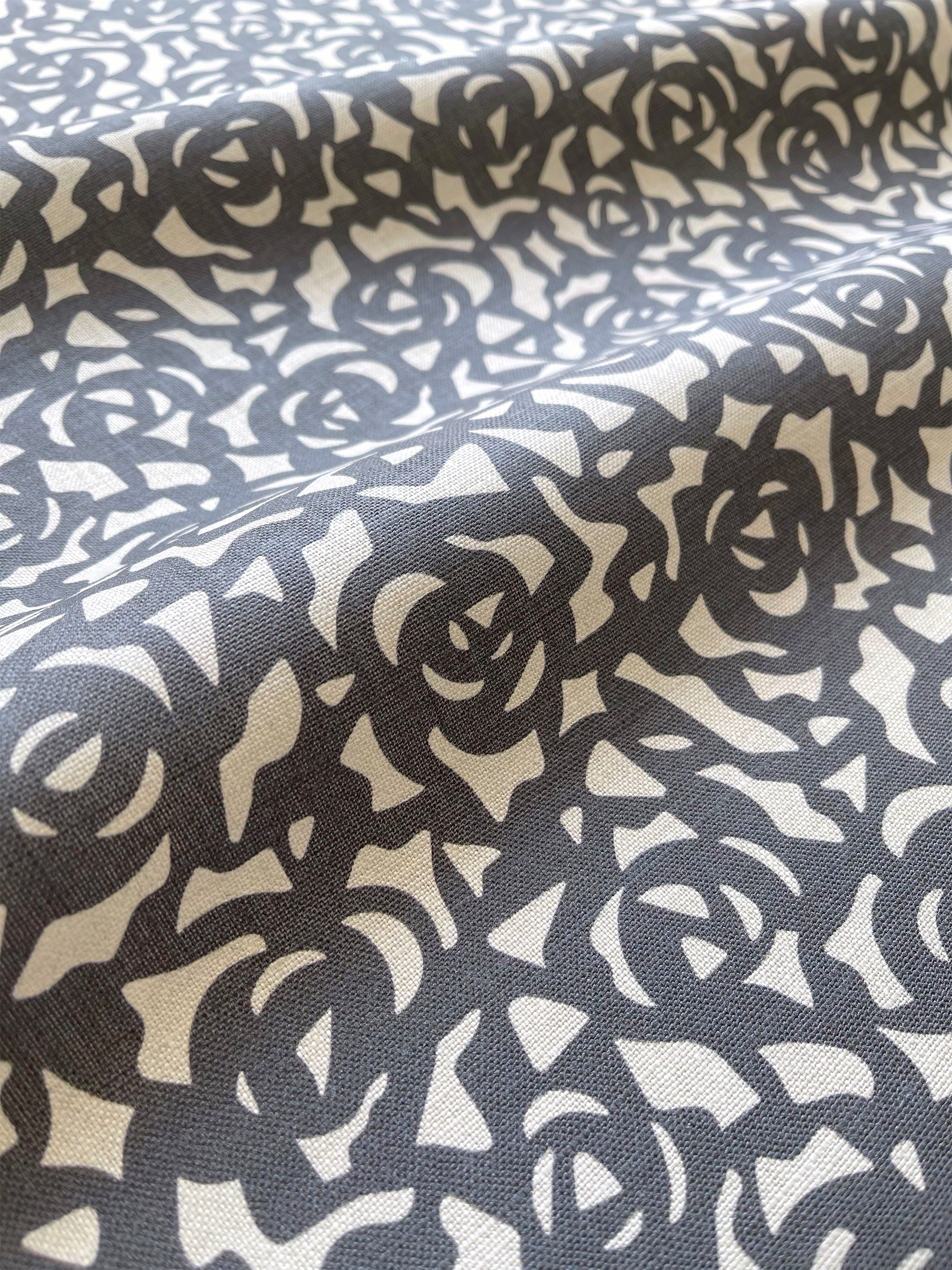 Gardenia fabric in Indigo by Emily Daws – close-up view showcasing linen texture and design – Charleston fabric by the yard for interiors